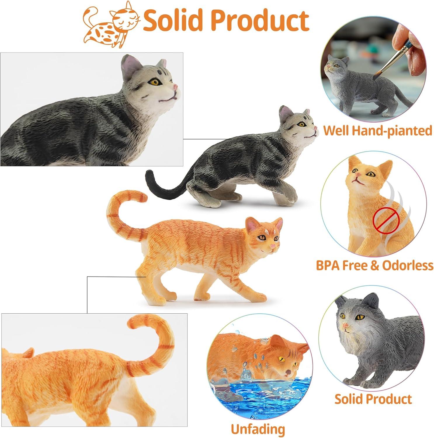Toymany 8-Piece Grey & Orange Cat Figurine Set, Realistic Kitten Toys, Educational Gift for Kids, Cake Toppers & School Projects