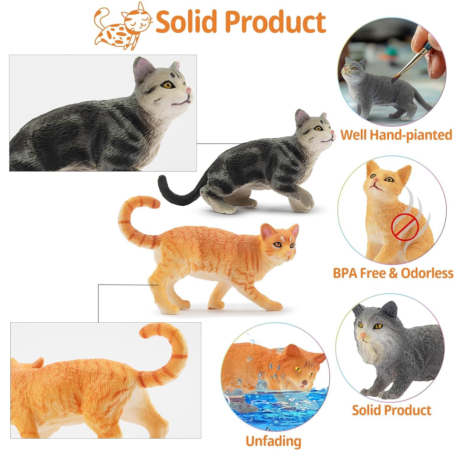 Toymany 8-Piece Grey & Orange Cat Figurine Set, Realistic Kitten Toys, Educational Gift for Kids, Cake Toppers & School Projects