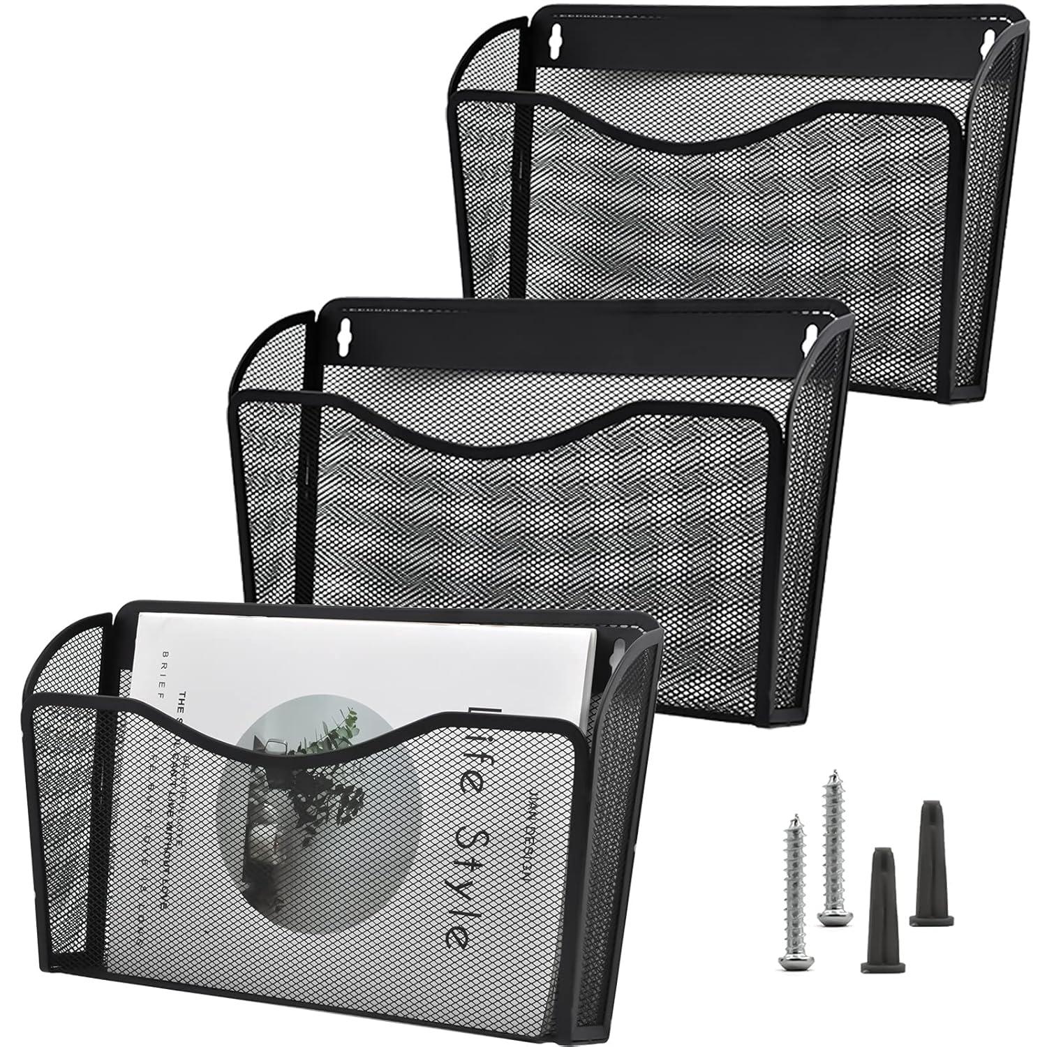 Mesh 3 Pack Wall Mounted File Holder Metal Hanging Vertical Wall File Pocket Organizer for Office and Home, Black