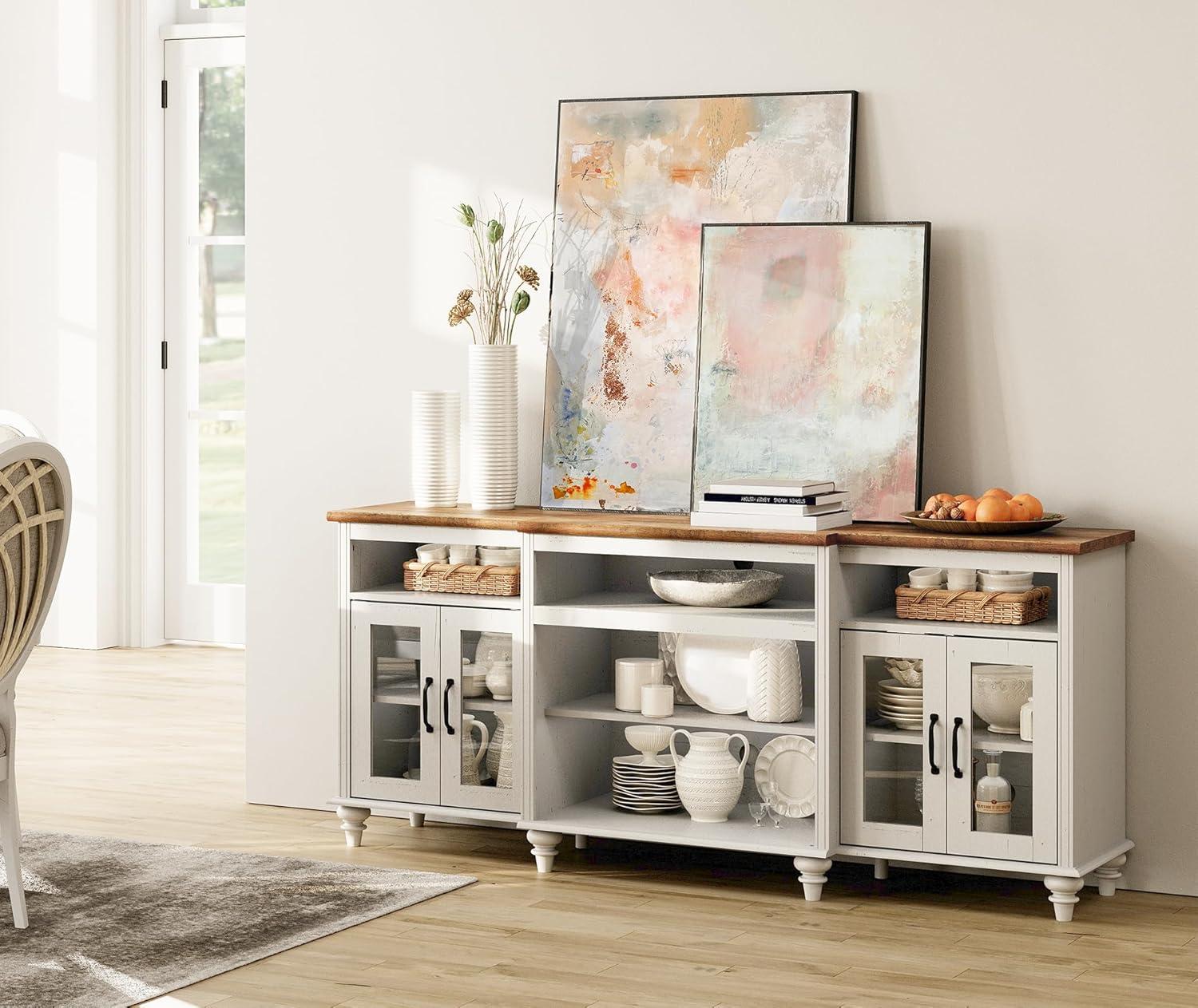 Farmhouse TV Stand for 75 inch TV, 4-Door Glass Wood Entertainment Center with 9 Storage Cabinets, White Media Console Table for Living Room Bedroom，White