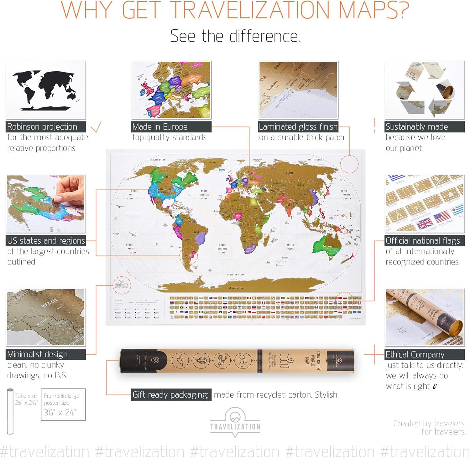 XL Scratch Off World Map with 196 Country Flags 36" x 24" Frameable Travel Map with Vibrant Colors and Premium Gold Coating, Beautiful Visited Places Tracker for Travelers, White