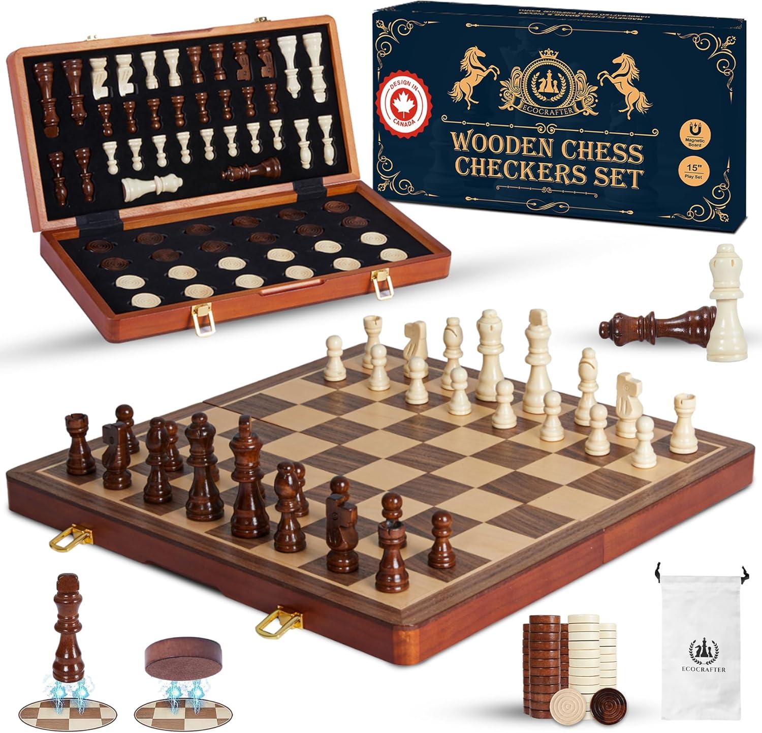 KiddiTouch 15 inch Magnetic Wooden Chess Set 2 in 1 Folding Chess Board Travel Chess Games for Adults and Kids