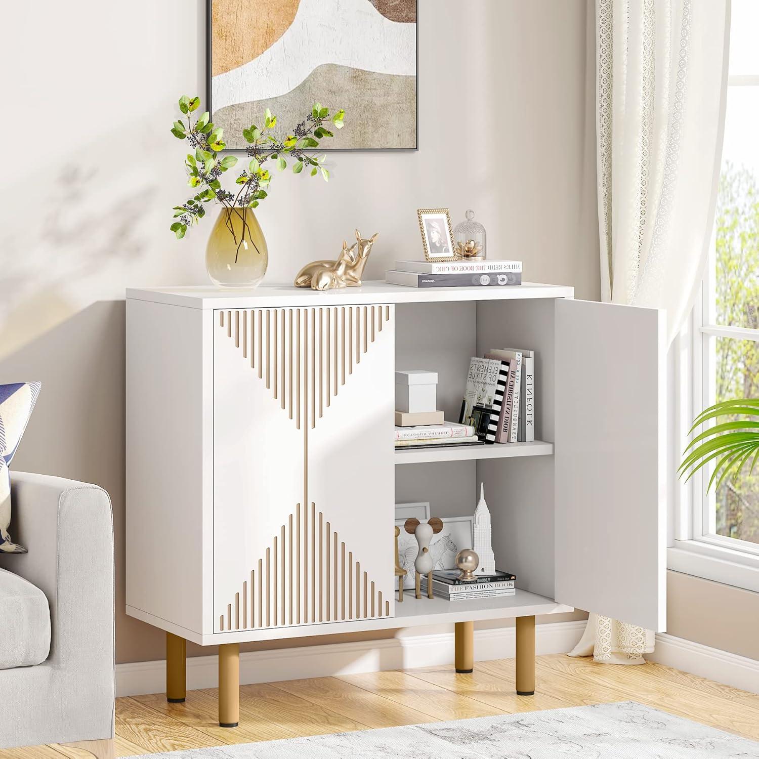 Modern White and Gold 59" Wood Storage Cabinet with Carved Doors