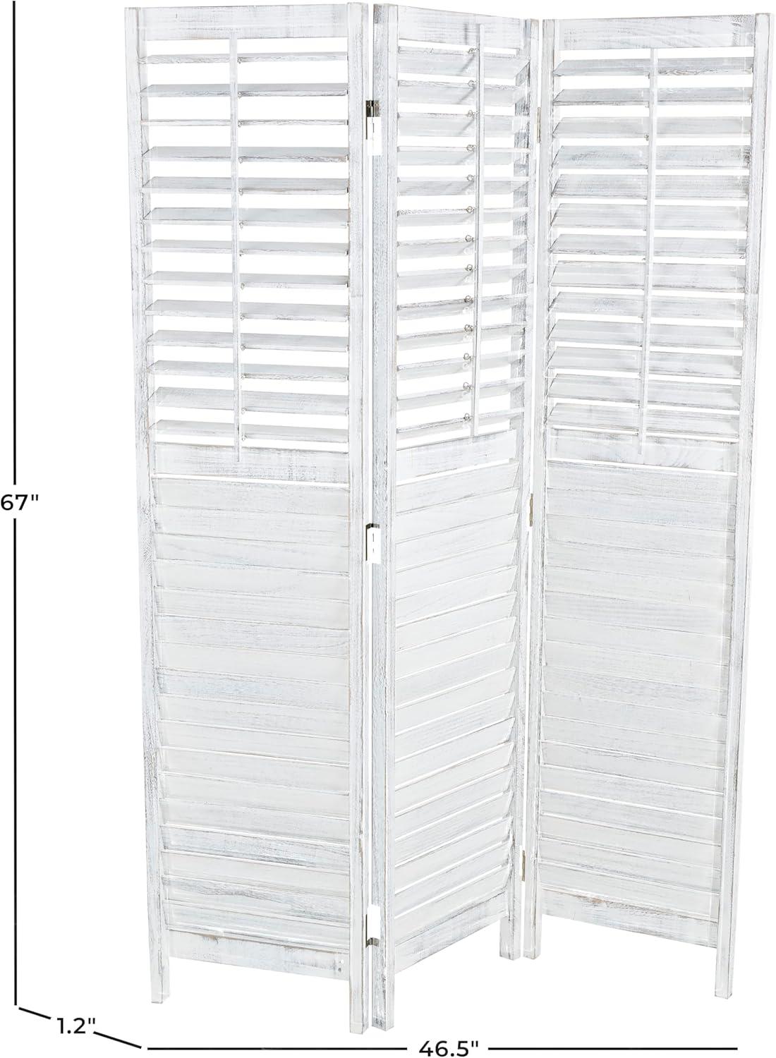 Deco 79 Wood Partition Room Divider Screen Washed Shutter Top 3 Panel Privacy Screen with Gray Distressing, Room Partition 47" x 1" x 67", White