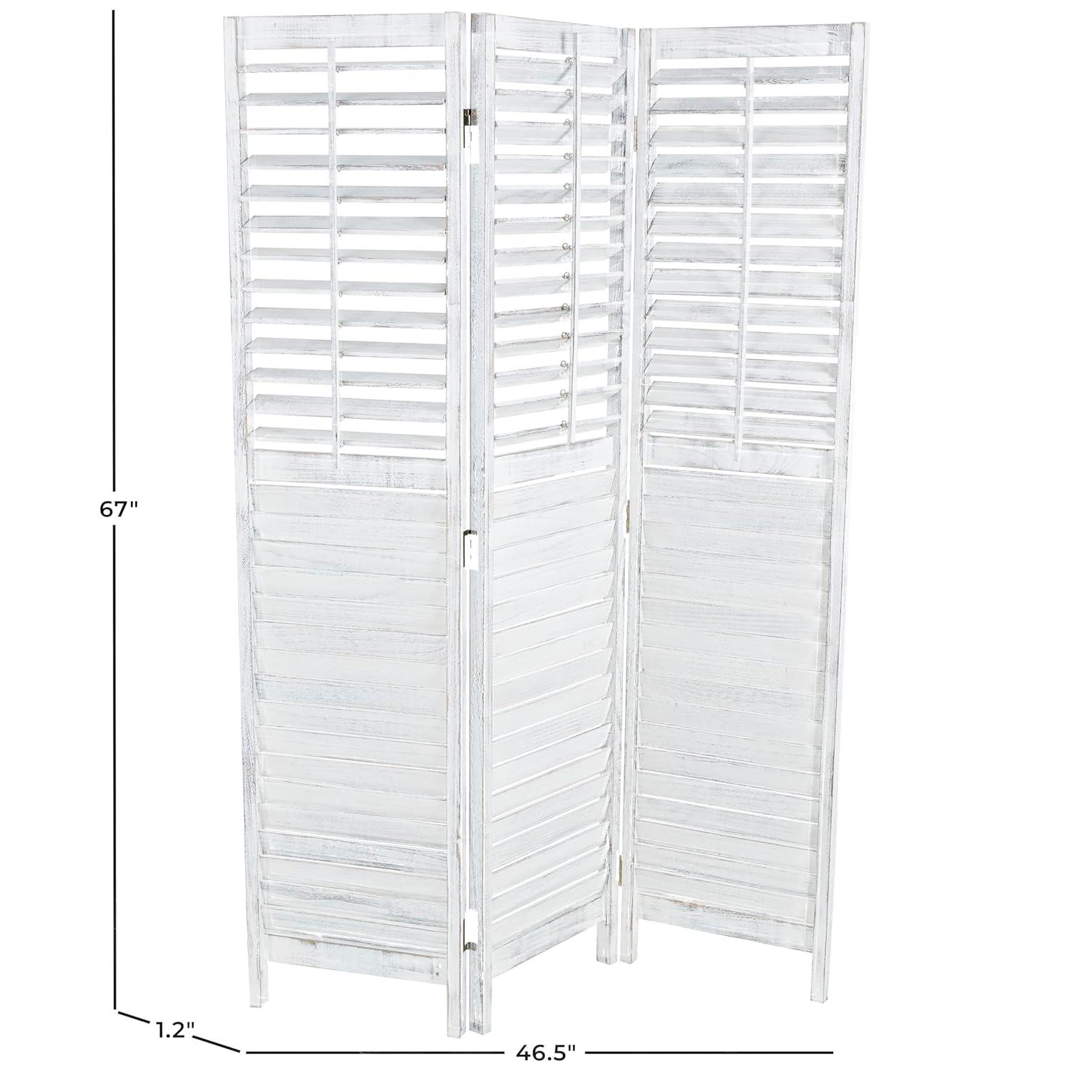 Deco 79 Wood Partition Room Divider Screen Washed Shutter Top 3 Panel Privacy Screen with Gray Distressing, Room Partition 47" x 1" x 67", White