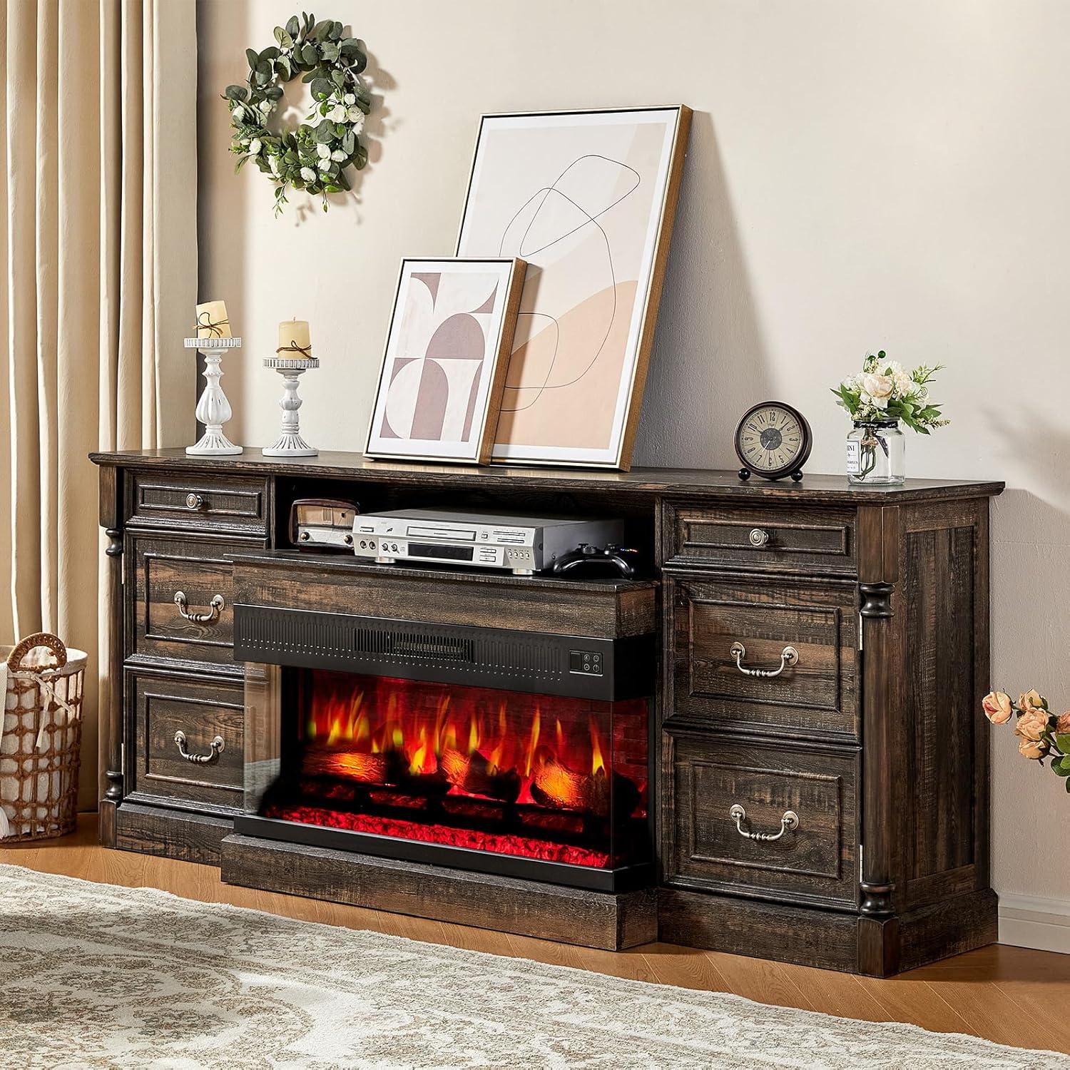 Alvilda 75" Farmhouse TV Stand with 36'' 3-Sided Glass Fireplace, 2 Drawers & Doors Closed Storage