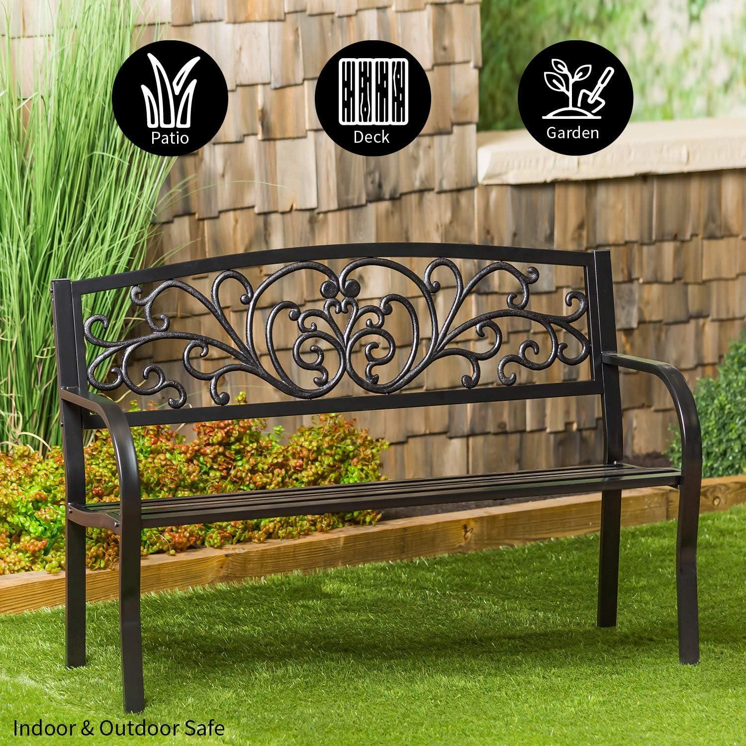 Evergreen Blooming Garden Metal Bench, Black