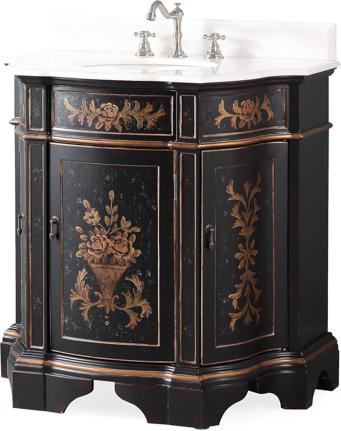 35" Black and Gold Hand-Painted Floral Bathroom Vanity with Marble Top