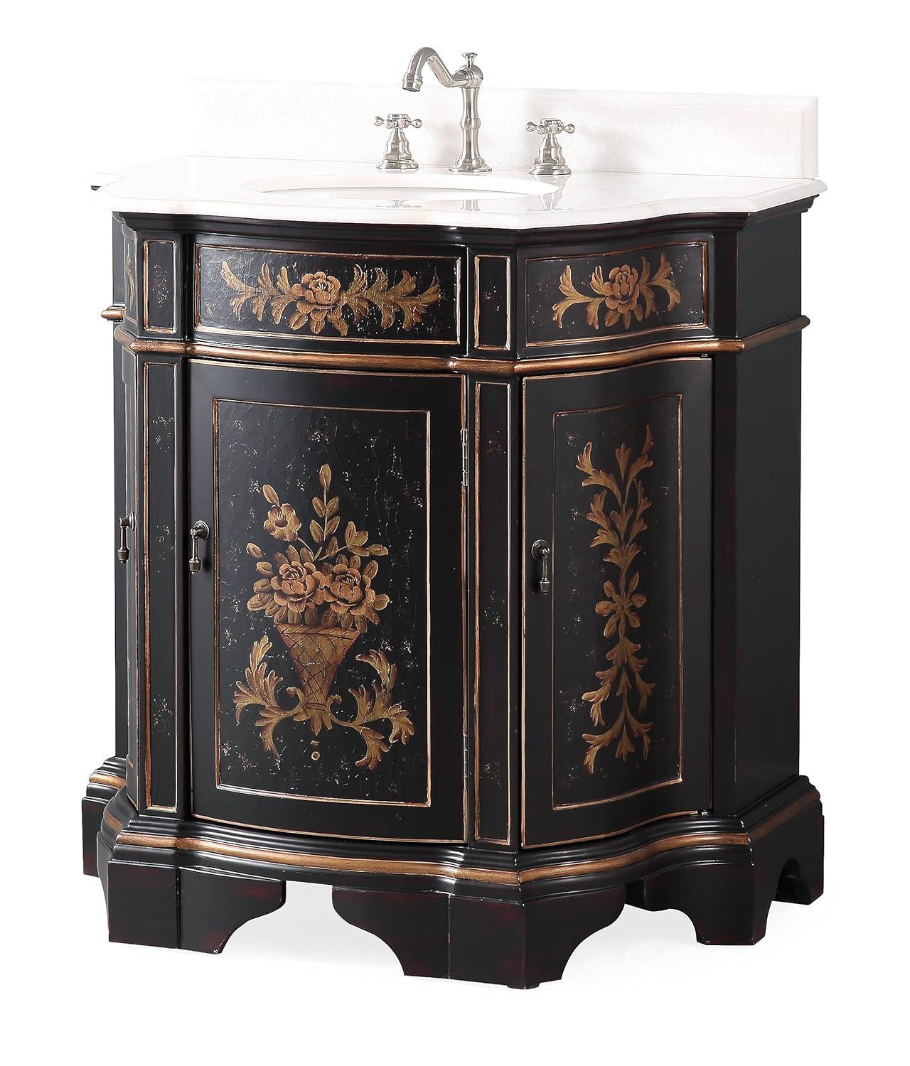 35" Black and Gold Hand-Painted Floral Bathroom Vanity with Marble Top