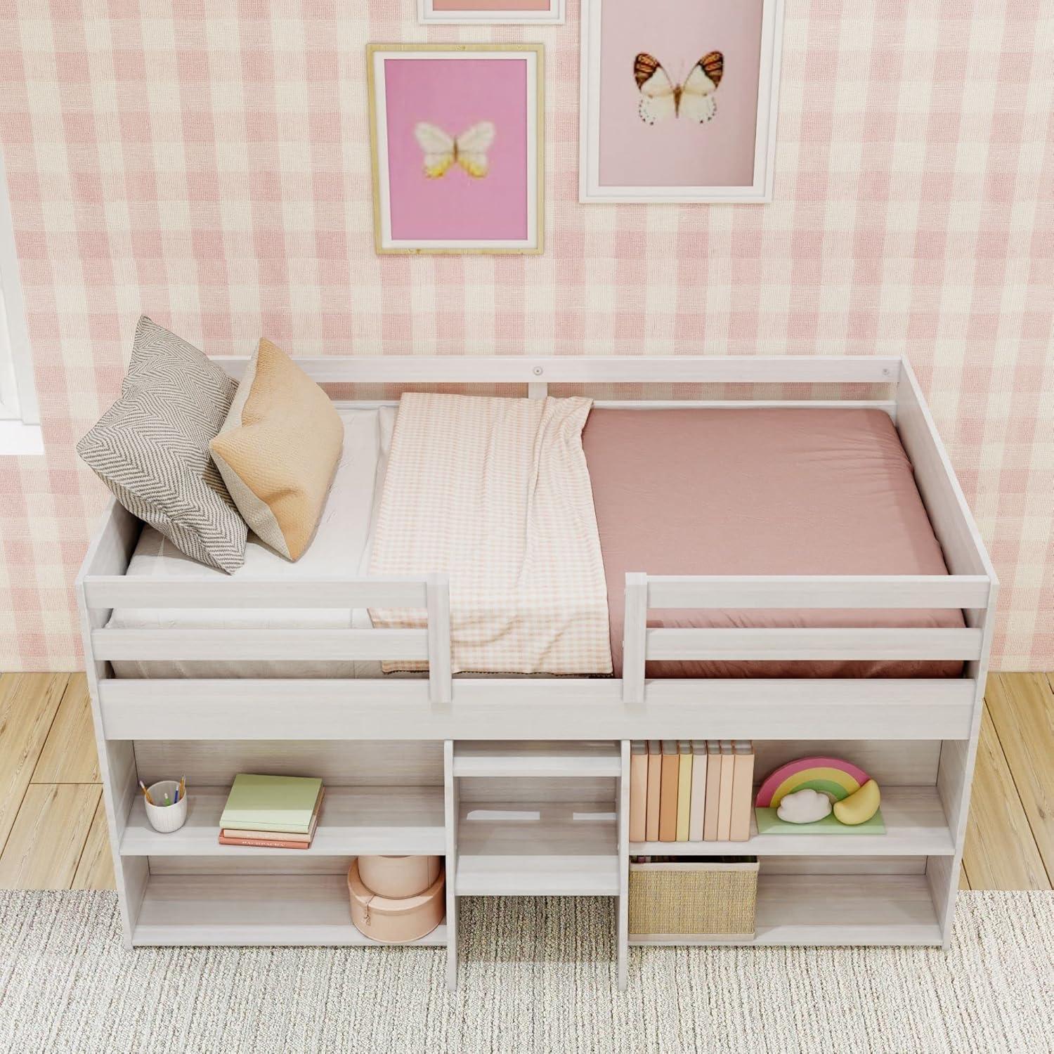 Max & Lily Loft Bed Twin Size, Solid Wood Low Loft Bed with 2 Bookcases and Ladder, Modern Farmhouse Loft Bed for Kids