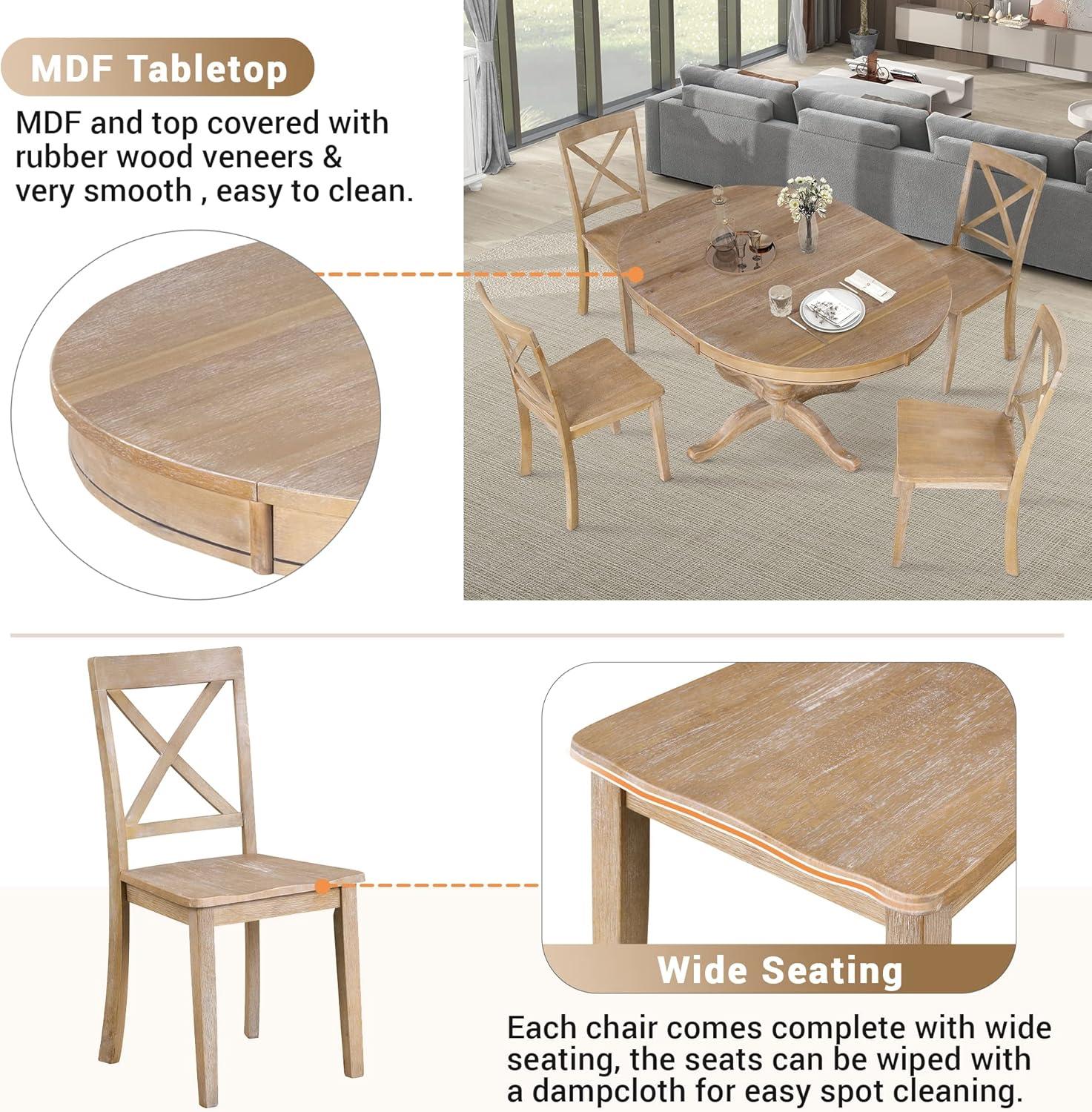 Natural Wood Round Dining Table Set with 4 Chairs