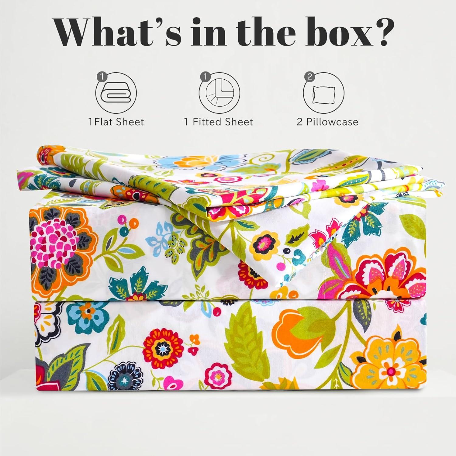 Bedlifes Full Sheet Set Ultra Soft, Breathable, Silky Flower Deep Pocket 100% Microfiber Bedding, 4 Piece Full Size with Floral Spring Design