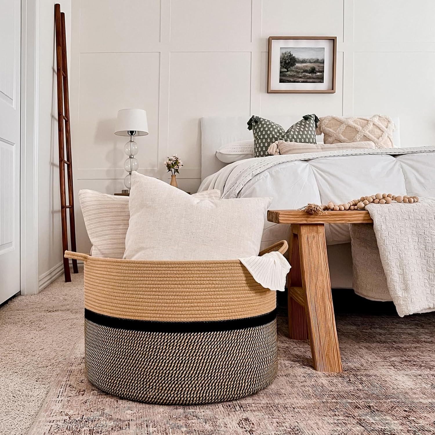 Extra Large Beige and Black Cotton Rope Storage Basket