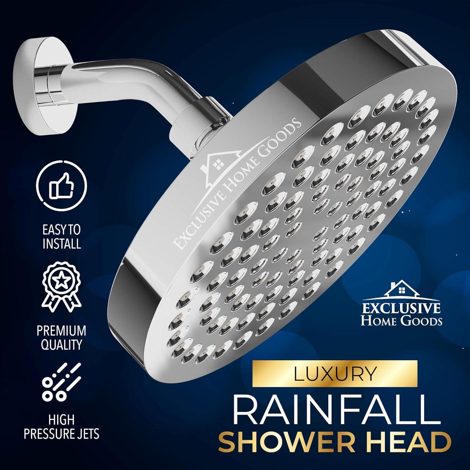 Exclusive Home Goods High Pressure Rainfall Shower Head with 360 Degree Rotation, 6" 2.5 GPM Deluxe Chrome