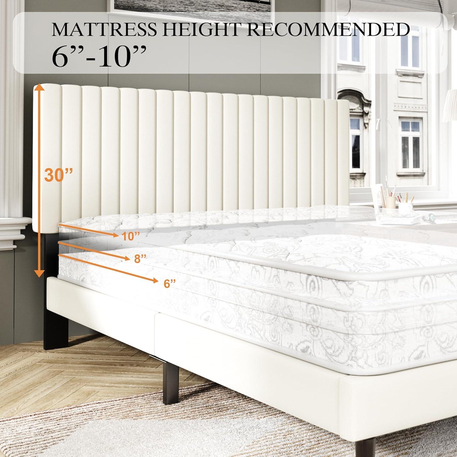 Full Bed Frame with Velvet Upholstered Headboard and Solid Wood Slats, Box Spring Optional, Mattress Base, Easy to Assemble, Beige