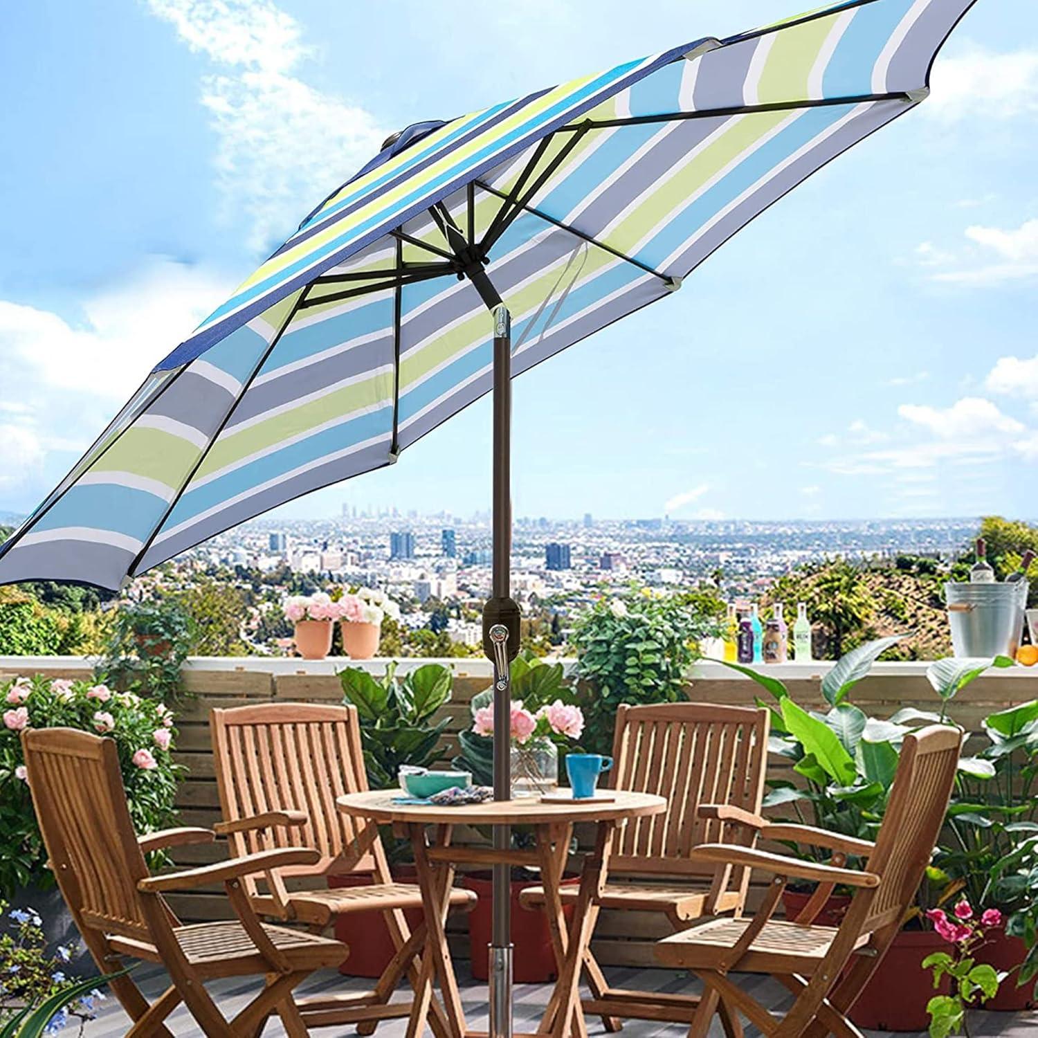 9 ft. Blue and Green Striped Outdoor Patio Umbrella with Tilt and Crank