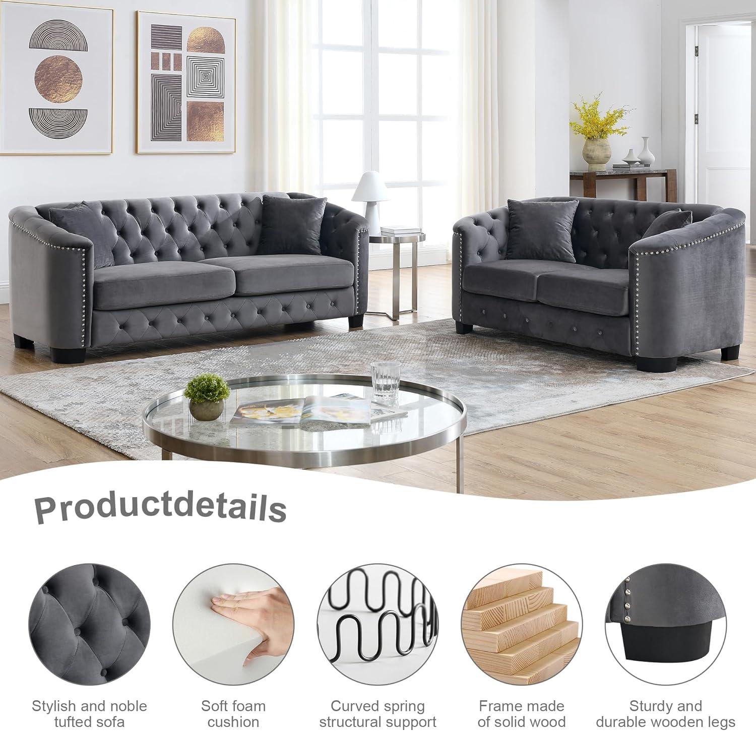 House of Hampton® House of Hampton® 2 Piece Chesterfield Sofa Set, Upholstered 77" Velvet 3 Seater Sofa + 59" Velvet Loveseat