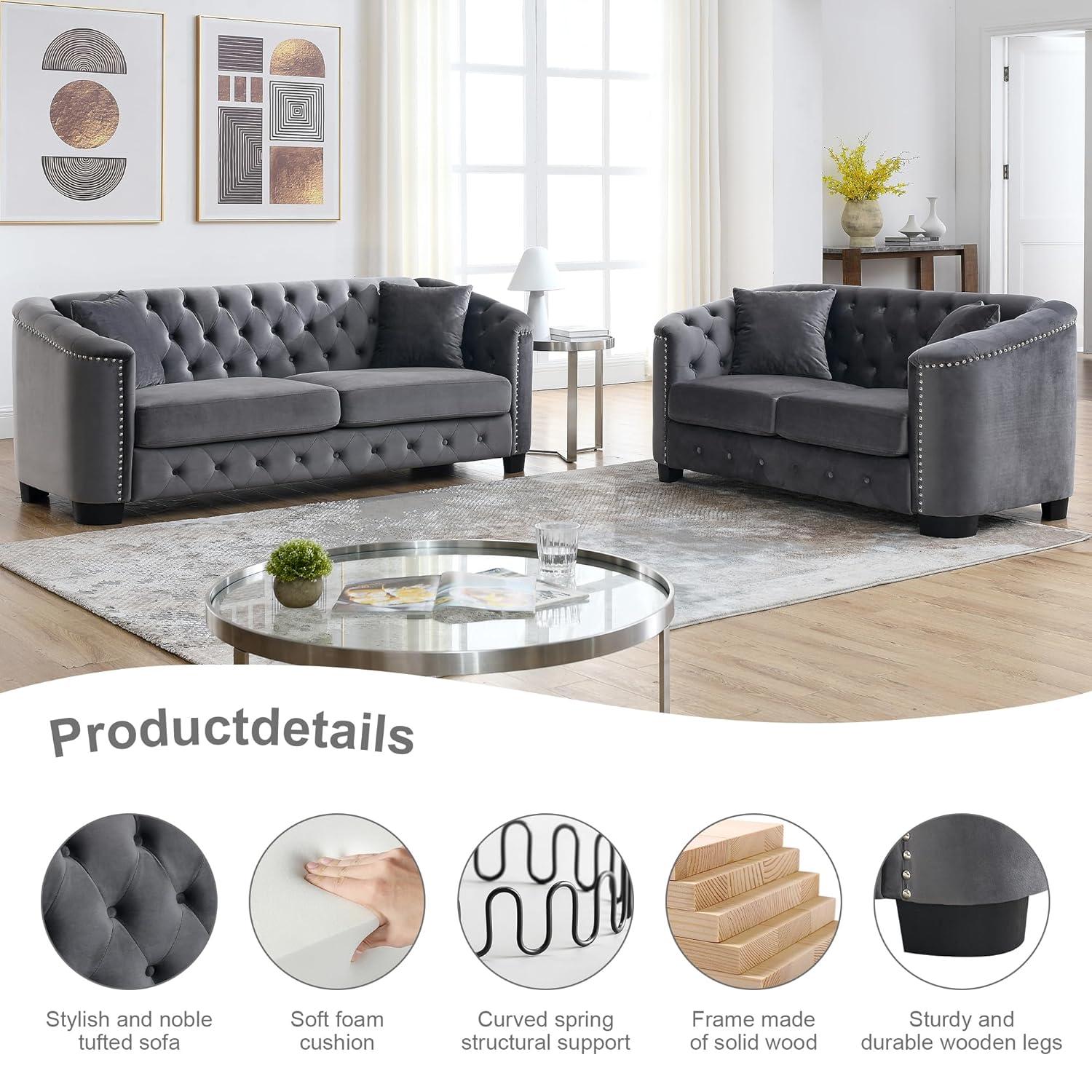 House of Hampton® House of Hampton® 2 Piece Chesterfield Sofa Set, Upholstered 77" Velvet 3 Seater Sofa + 59" Velvet Loveseat
