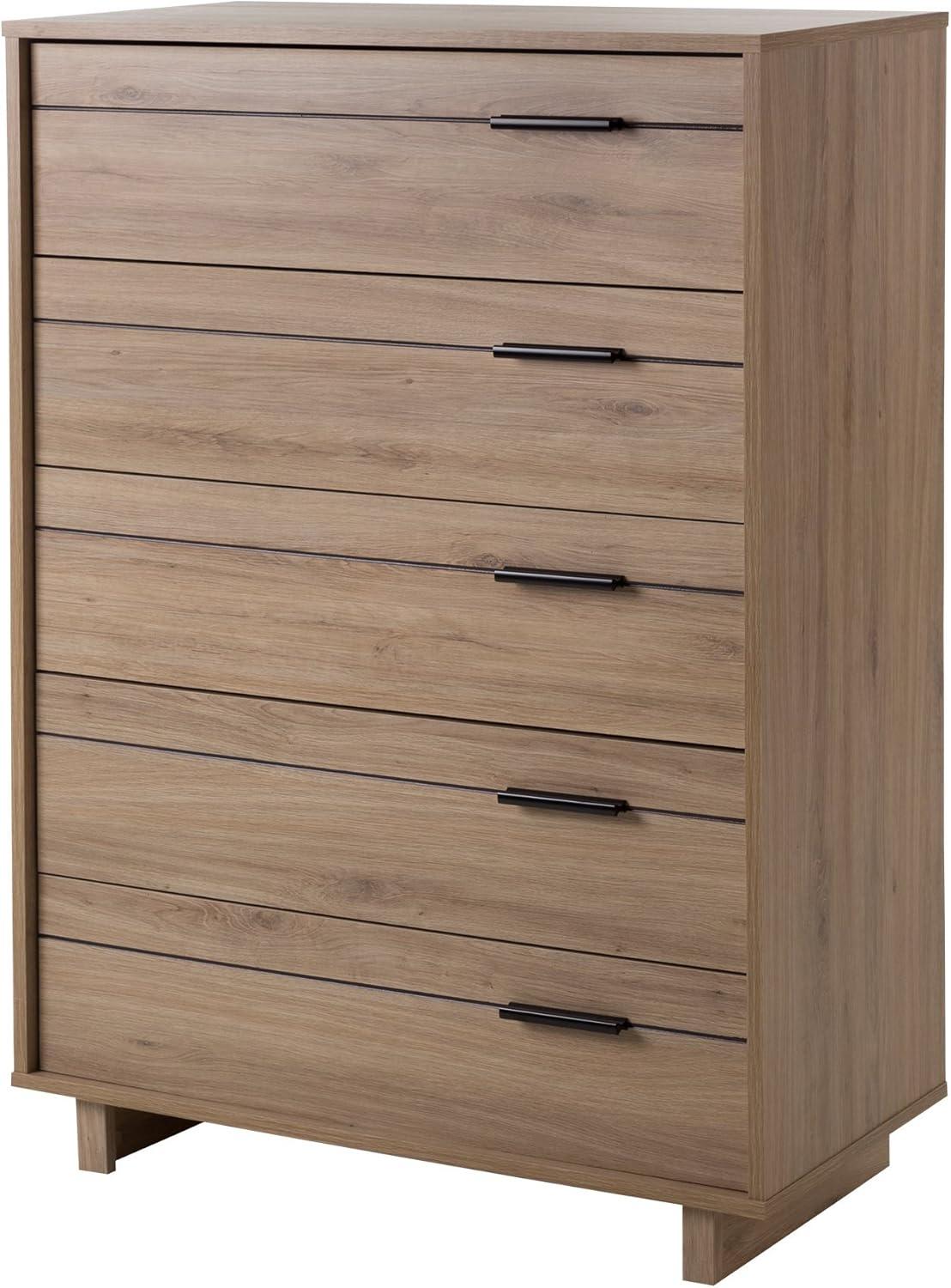 Rustic Oak Vertical 5-Drawer Chest with Black Handles