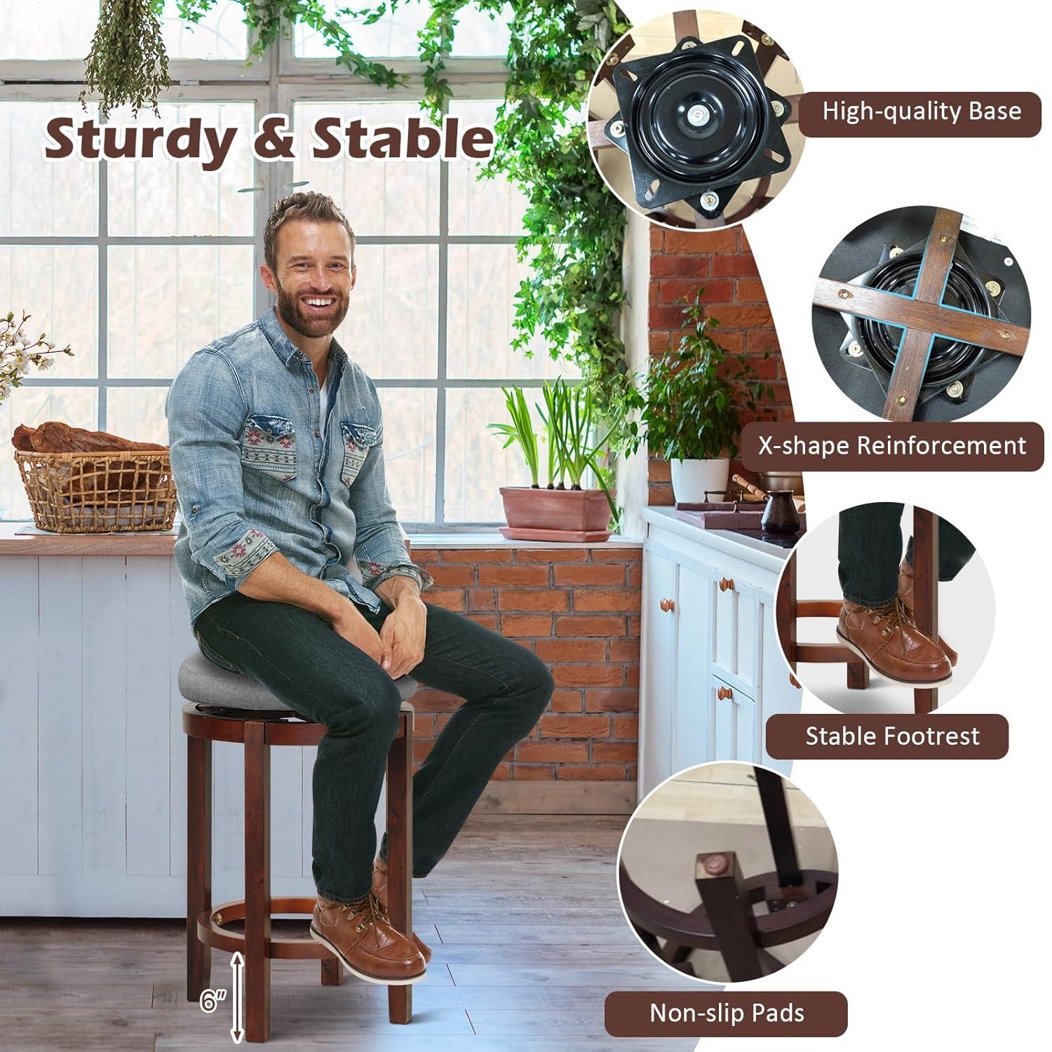 Costway Set of 2 Upholstered Swivel Round Bar Stools 26'' Wooden Pub Kitchen Chairs Gray