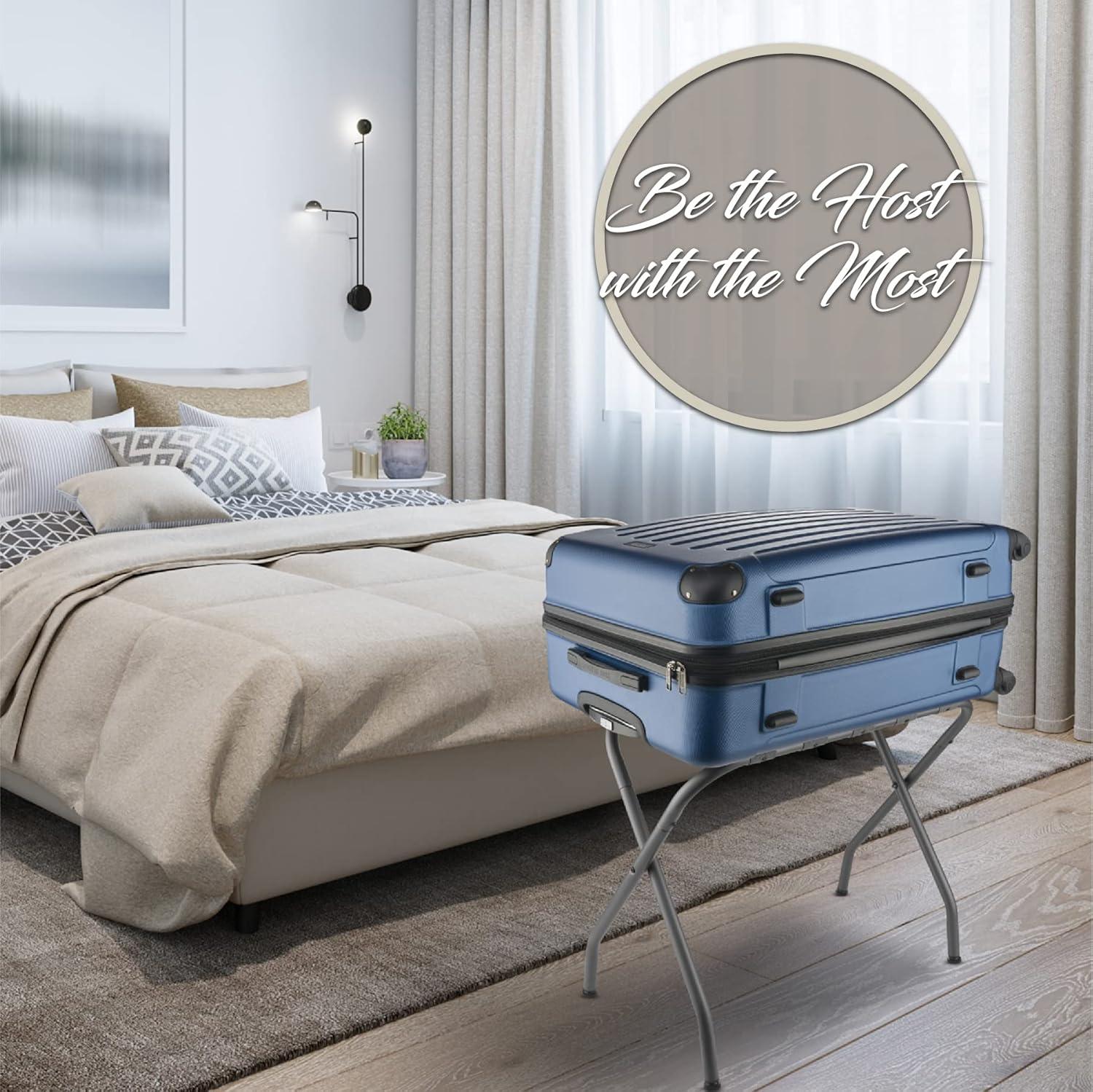 BINO 2-Pack Folding Luggage Rack Collapsible Metal Suitcase Stand With Durable Black Nylon Straps- For Bedroom, Guest Room, Or Hotel (Gray Steel)