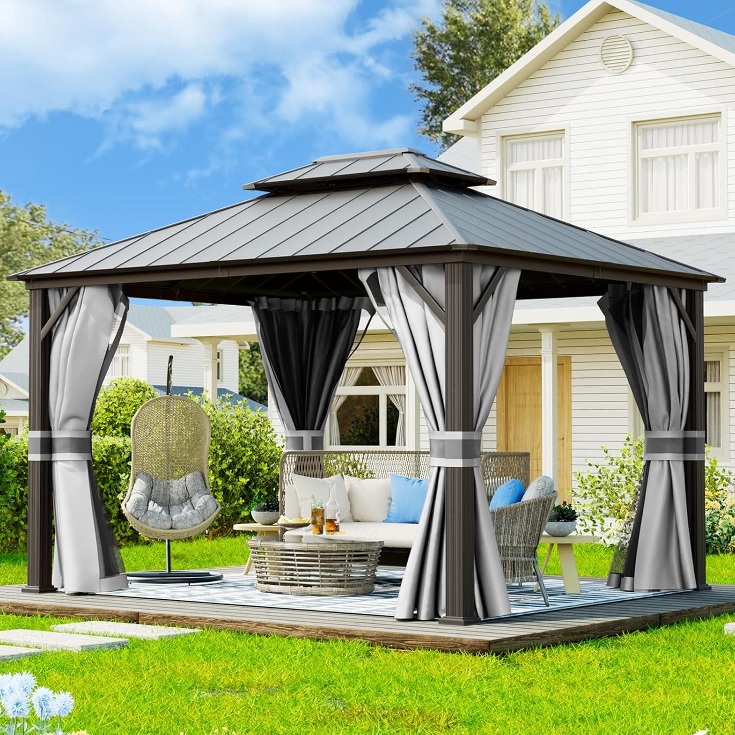 Gray 10' x 12' Aluminum Frame Hardtop Gazebo with Curtains