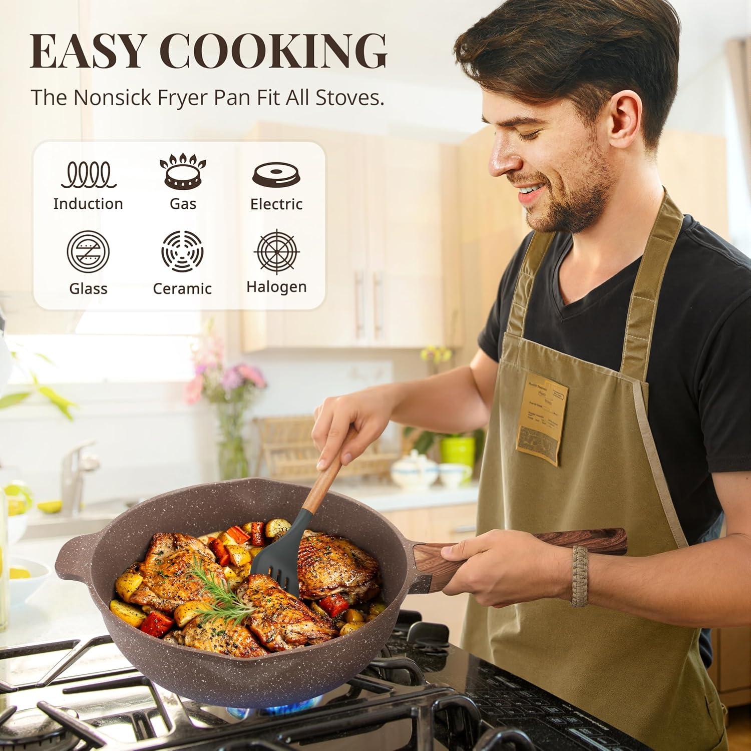 ARC 11 Inch Nonstick Deep Frying Pan Skille With Lid,5qt Sauté Pan For Cooking With Steam Rack,healthy Large Skillet,stay Cool Handle, Induction Compatible, Pfoa & Pfas Free. (brown)