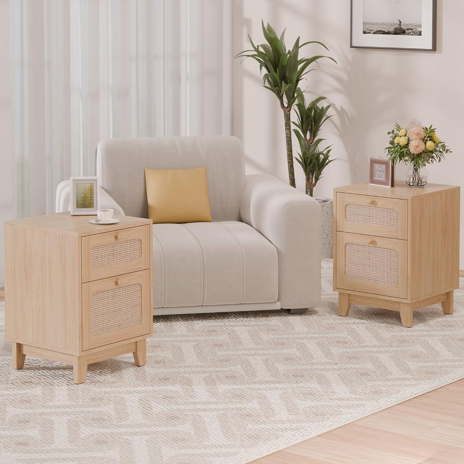 Tolead Rattan Mid-Century Modern Nightstand Set with Handmade Rattan Decorated Drawer and Door, Bedroom, Living Room, Natural