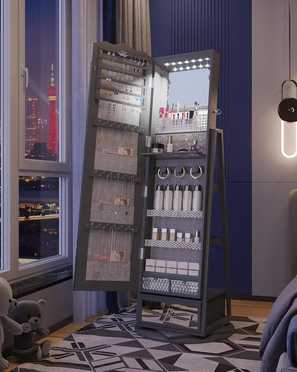 HWB 360° Rotating Jewelry Armoire with 53'' Full Length Mirror, Standing Lockable Jewelry Cabinet Organizer with Lights, Built in Makeup Mirror, Large Storage Capacity with Drawer&Shelves Grey