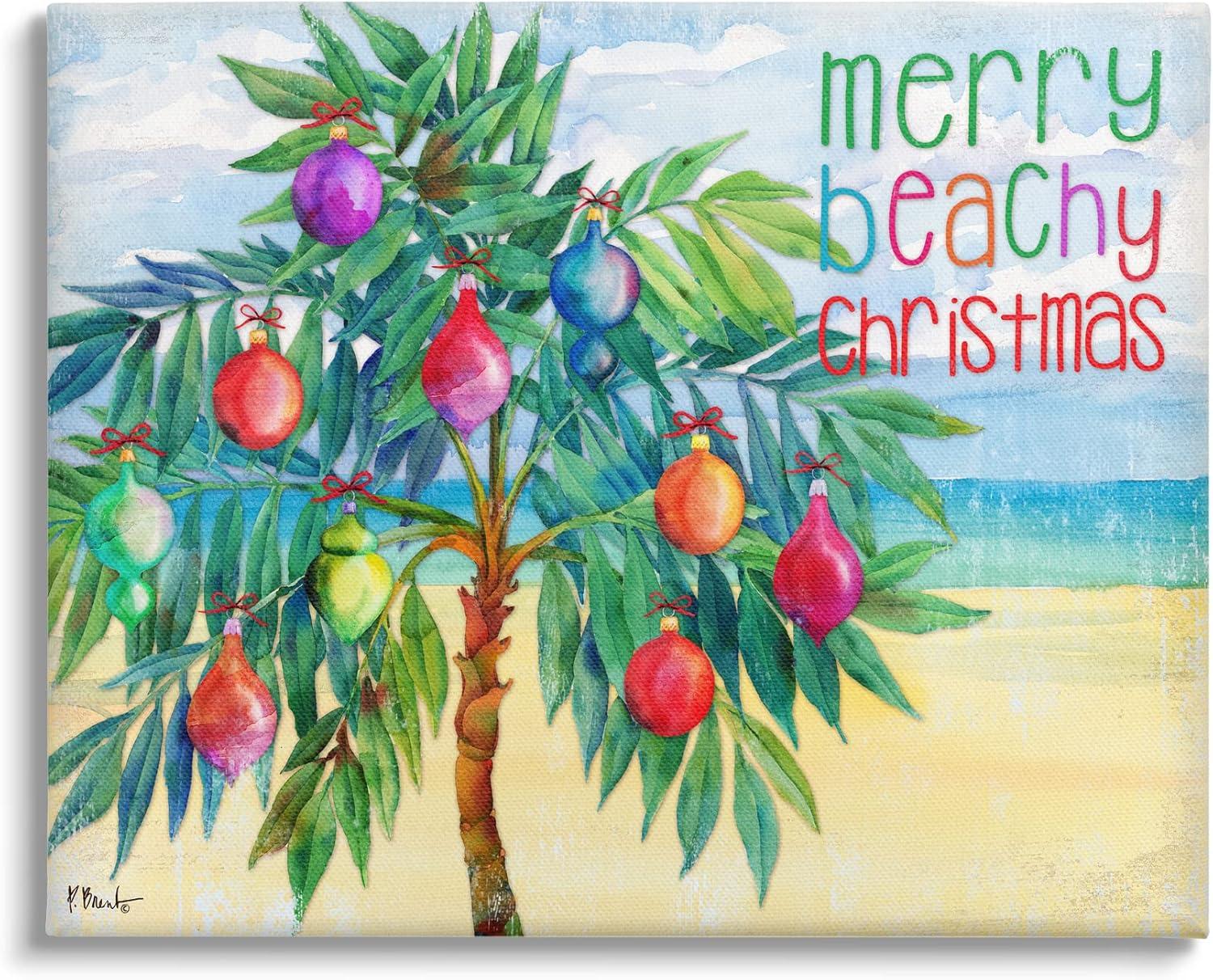 Merry Beachy Christmas Palm Tree Canvas Wall Art