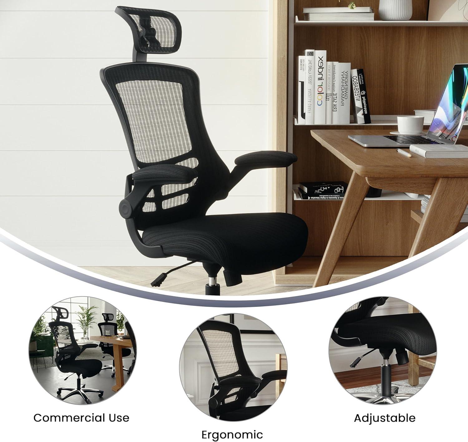 Flash Furniture Kelista High-Back Black Mesh Swivel Ergonomic Executive Office Chair with Flip-Up Arms and Adjustable Headrest