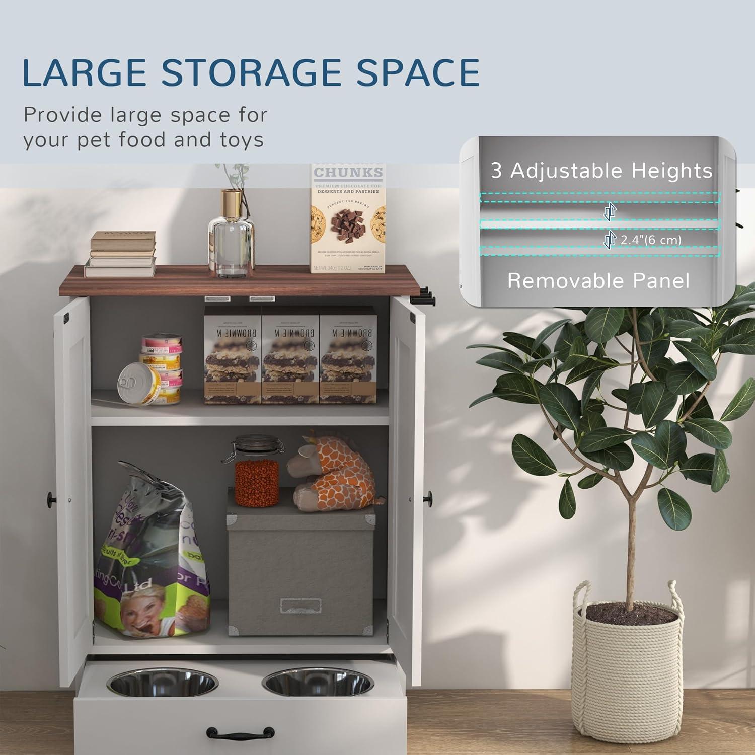 Awevsco Dog Feeding Station, Dog Food Storage Cabinet With Hidden Dog Bowls, Adjustable Panel, Hooks, For Medium Sized Dogs, White