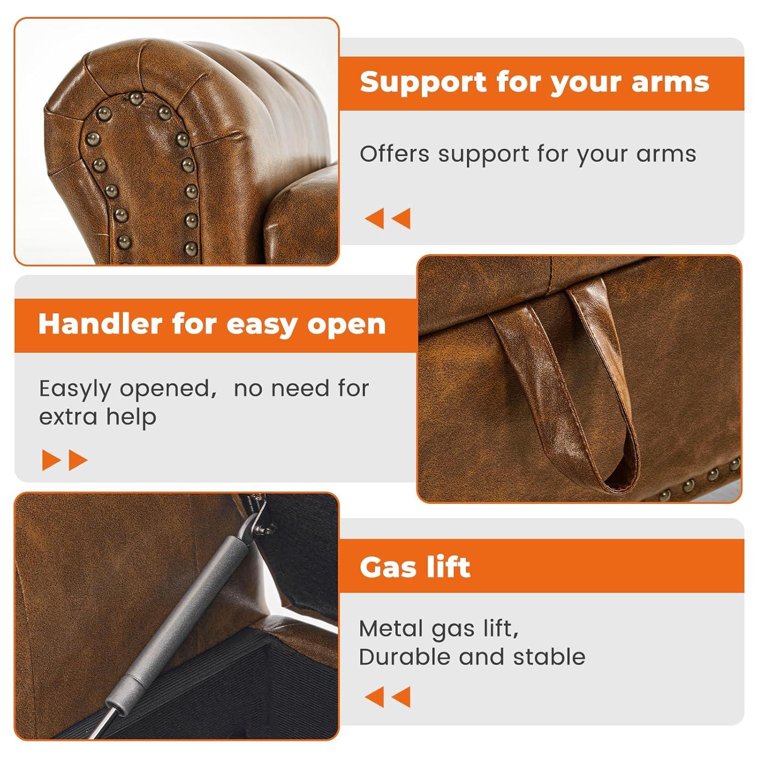 Furniliving Storage Ottoman Bench with Arms Button Tufted End of Bed Bench Large Storage Bench for Bedroom, Entryway, YellowBrown