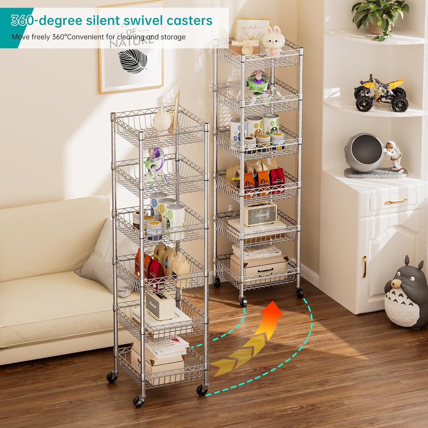 SINGAYE 6 Tier Shelf Adjustable Storage Shelves Rack Standing Units with Wheels Closet Wire Shelving Organizers Metal Pantry Kitchen Laundry Room 13.5" D x 13.5" W x 63" H Silver