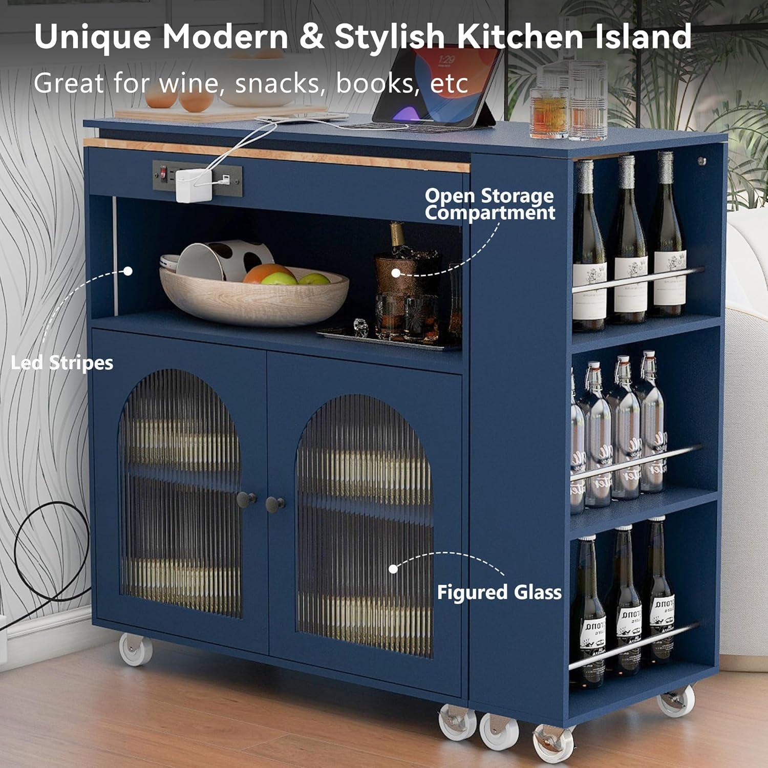 Kitchen Island Cart with Extended Table, Rolling Kitchen Island with LED Lights, Power Outlets and 2 Fluted Glass Doors, Side Table on Wheels with Storage Cabinet and 3 Open Shelves, Navy Blue