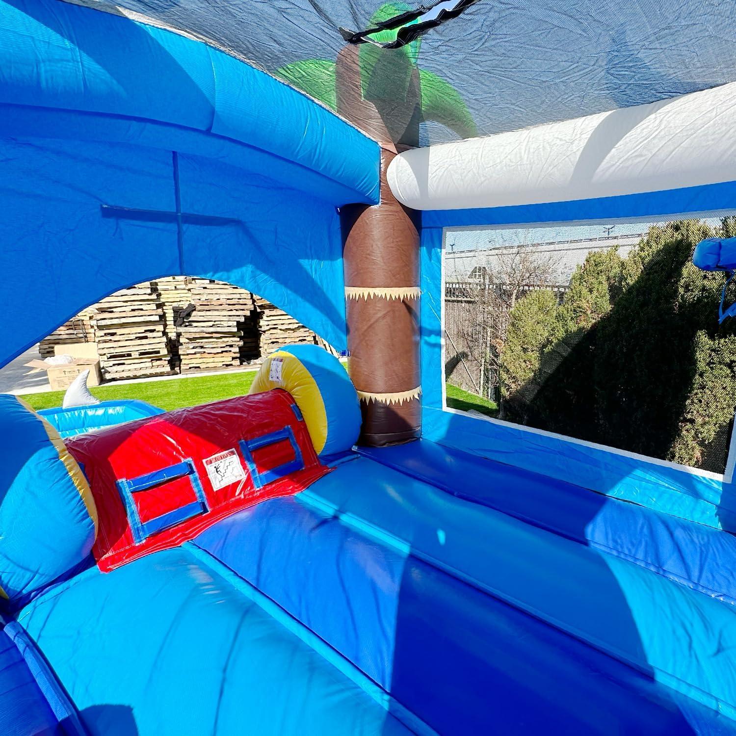 HeroKiddo Ocean Shark Commercial Grade Bounce House Water Slide with Splash Pool for Kids and Adults (with Blower), Basketball Hoop, Outdoor Indoor, Wet Dry Combo, Big Inflatable, Rental Quality
