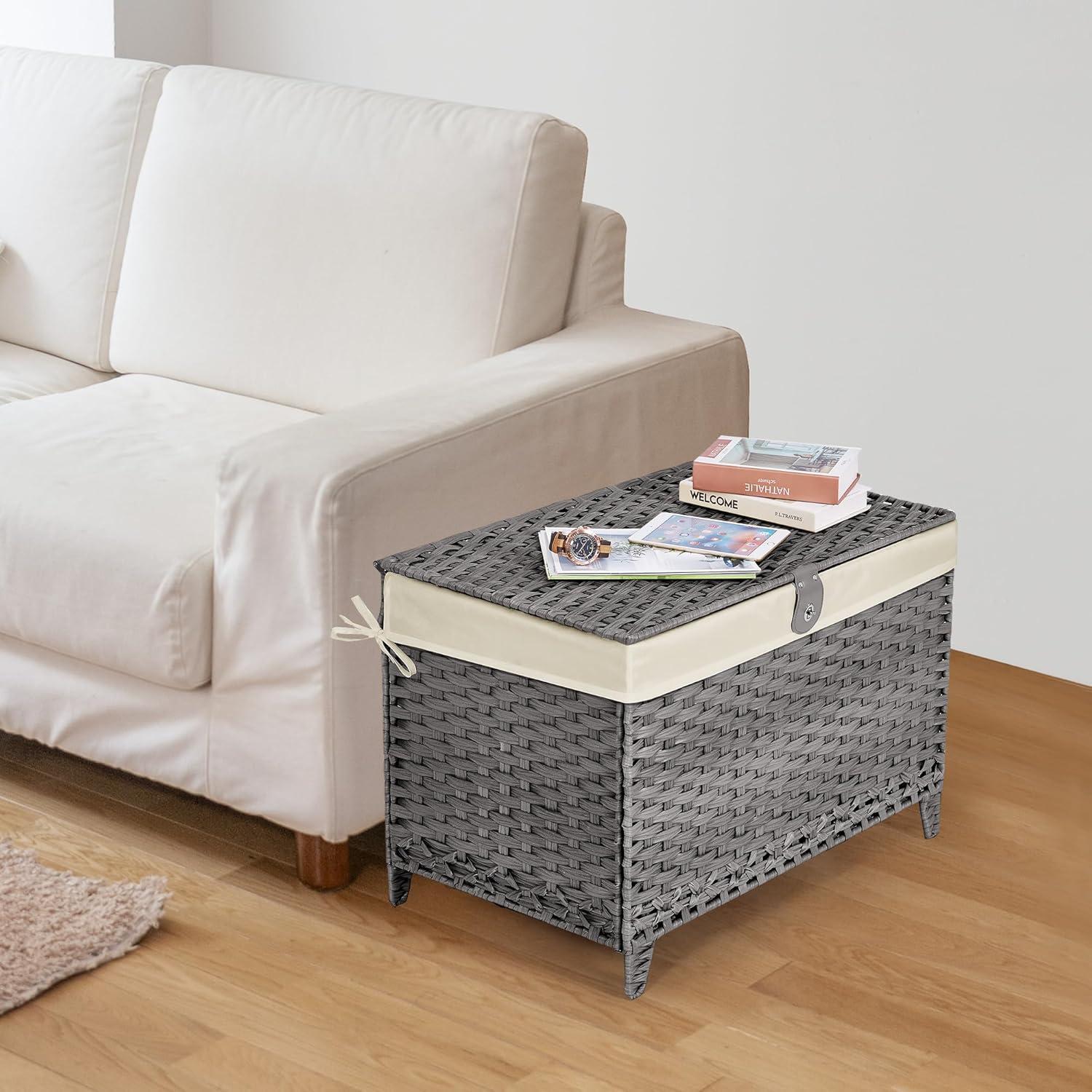 Gray Wicker Storage Trunk with Removable Liner and Lid