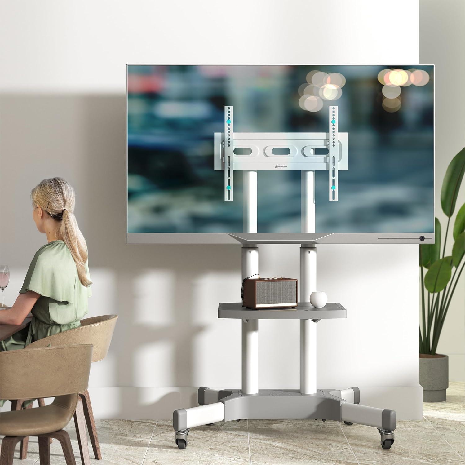 Adjustable White Mobile TV Stand on Wheels for 32-65 Inch Screens