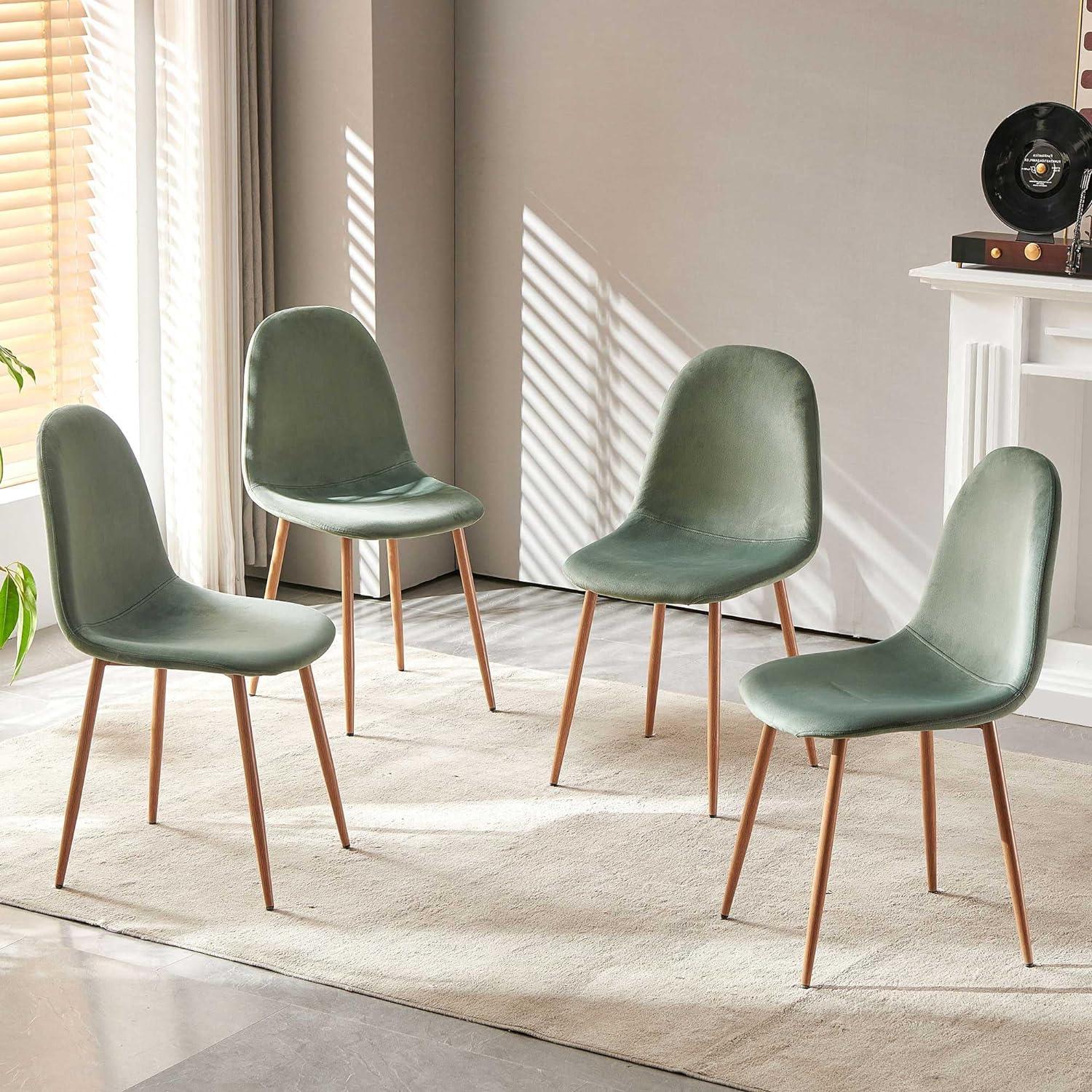 NORDICANA Modern Dining Chairs Set of 4, Green Velvet Kitchen Chairs, Upholstered Side Chairs with Faux Wood-Grain Metal Legs