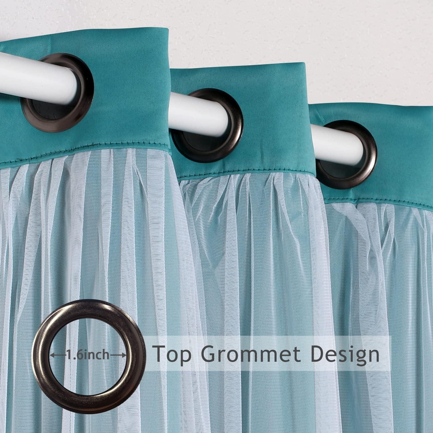 Set of 2 (63"x52") Caterina Layered Solid Blackout with Sheer Top Curtain Panels Blue Blue - Exclusive Home