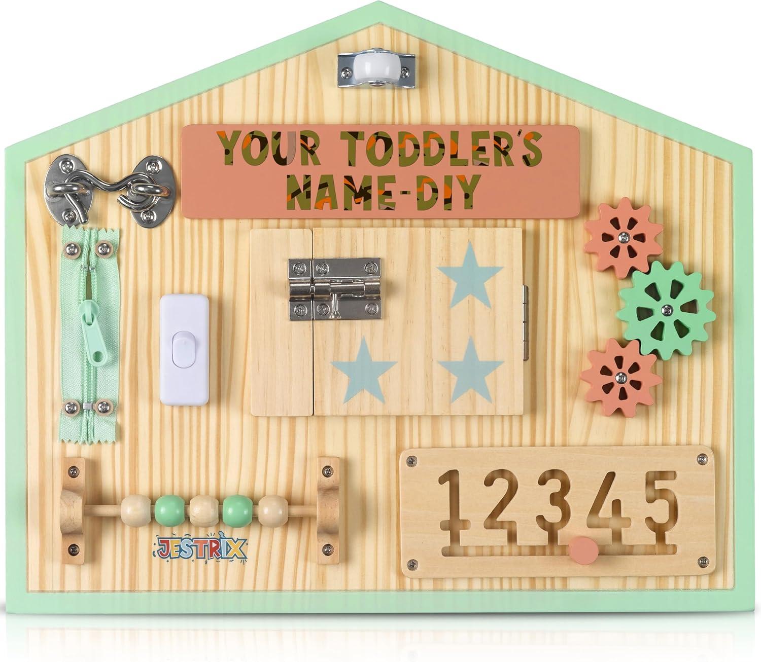 HomeSkill Wall & Travel Busy Board Panel – Can Be Personalized – Sensory Toy with 11 Activities – Solid Wooden Activity Board to Promote Early Childhood Development – Perfect for Toddler Playrooms