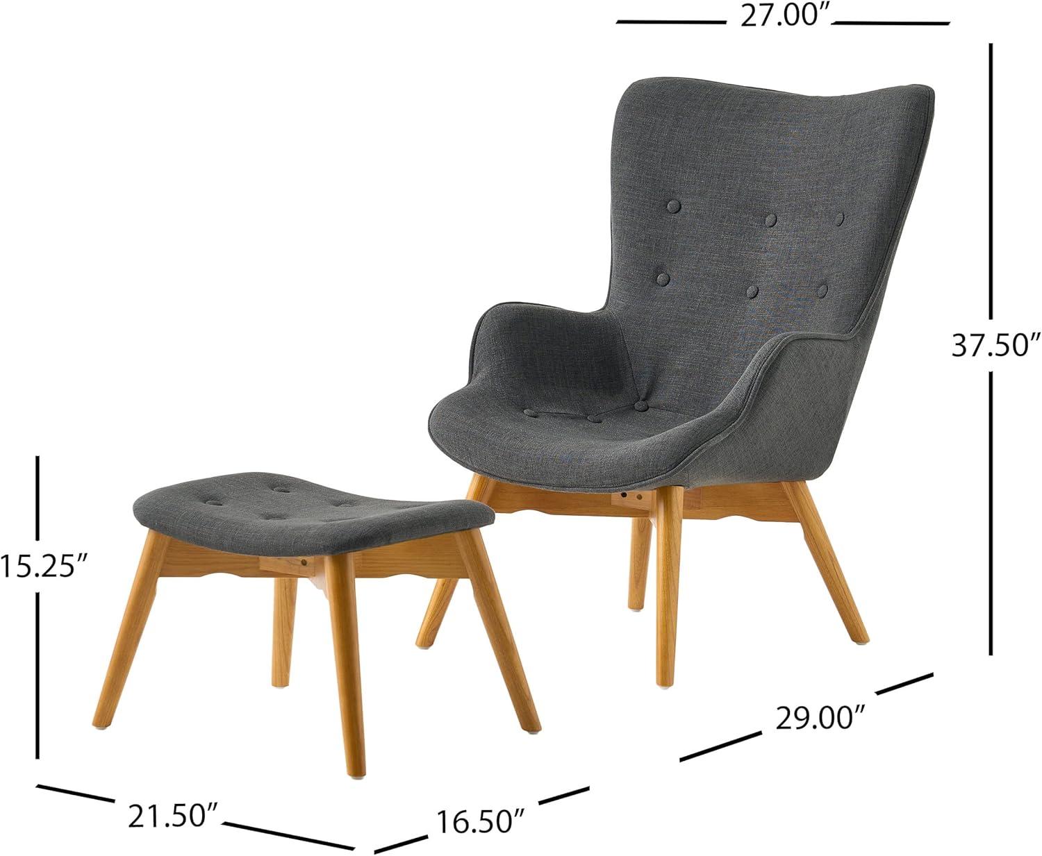 Gray Ash Wood Mid-Century Modern Chair and Ottoman Set