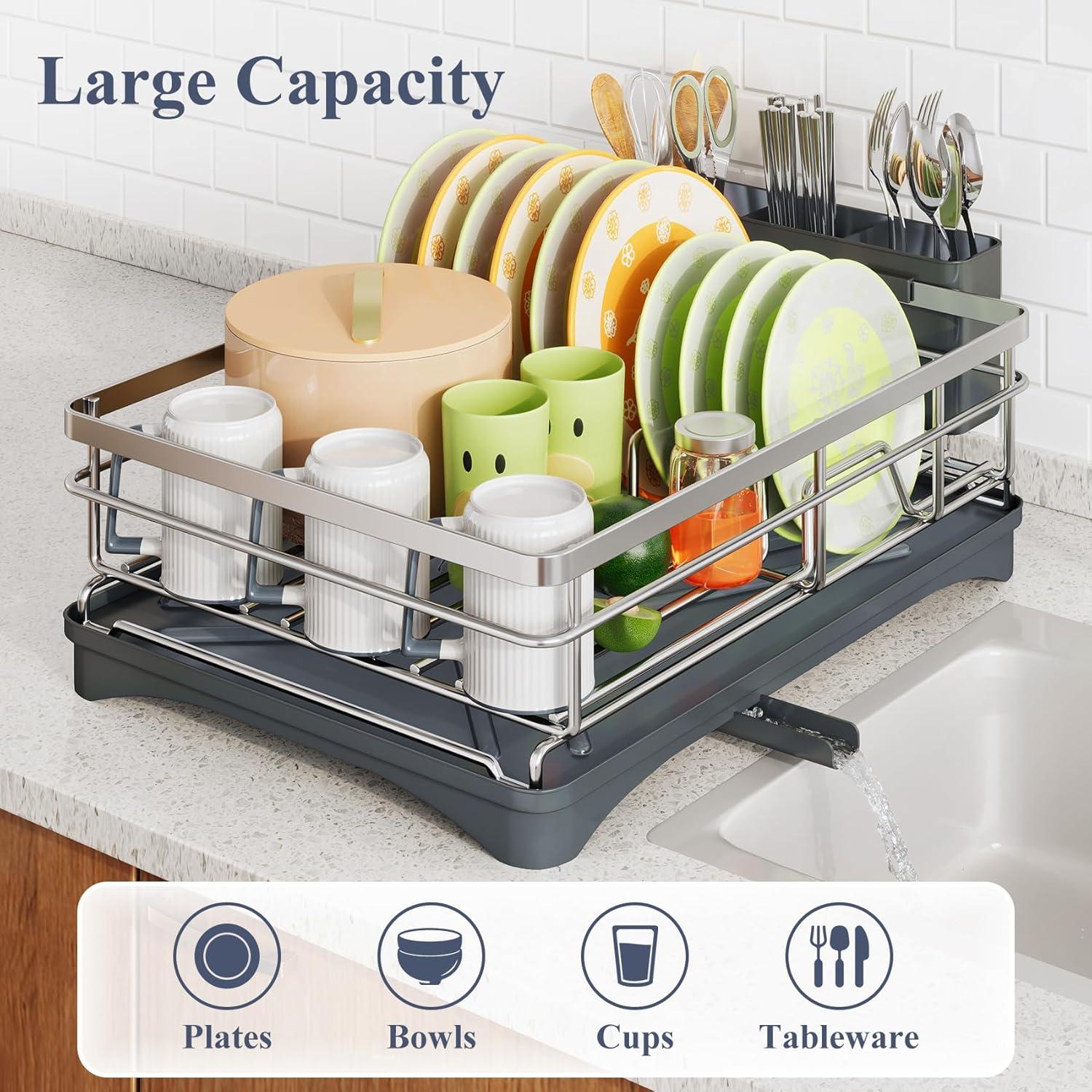 Dish Drying Rack - Stainless Steel Dish Rack for Kitchen Counter, Large-Capacity Dish Drainer with Cutlery Holder, Kitchen Organizer for Dishes, Spoons and Forks, Black