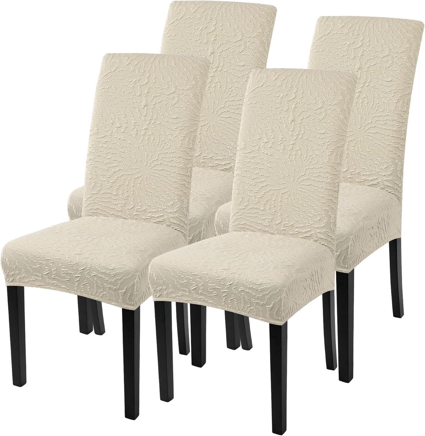 Beige Stretch Jacquard Dining Chair Covers, Set of 4