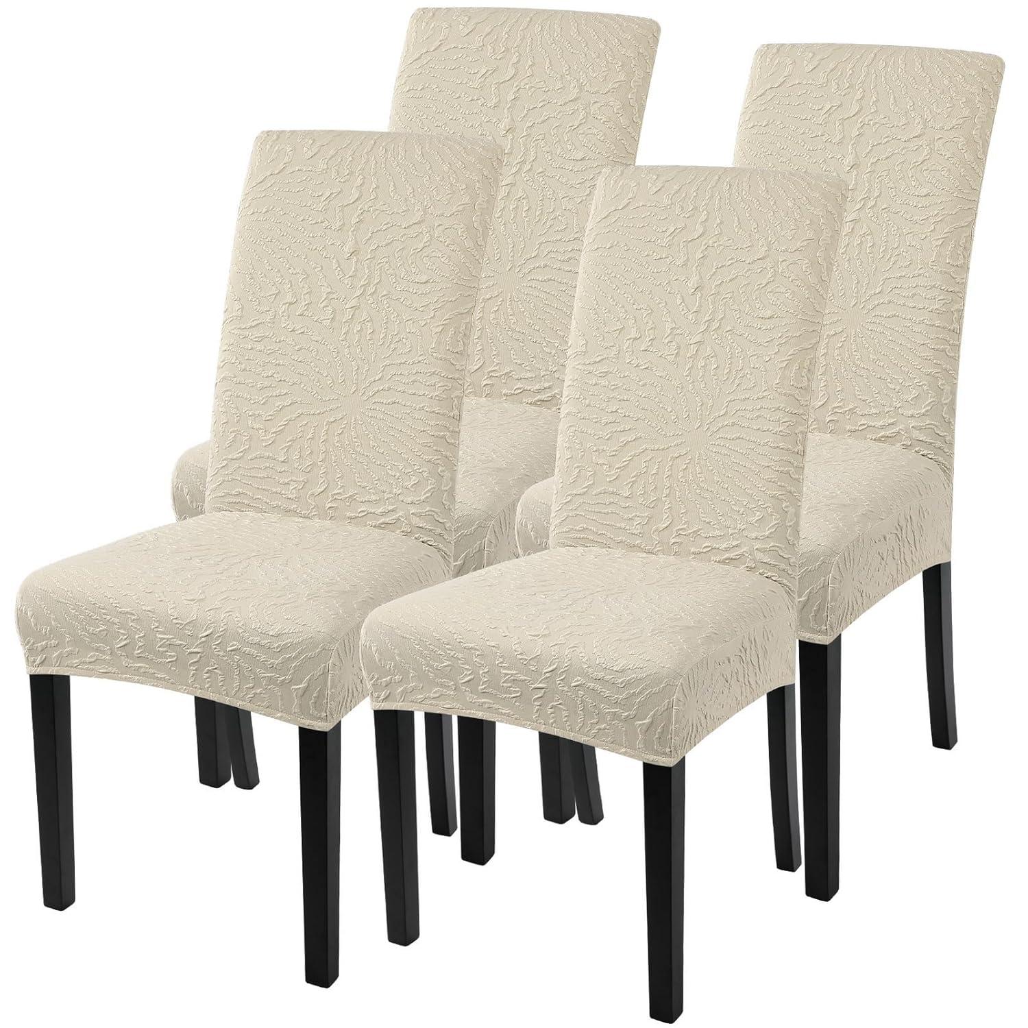 Beige Stretch Jacquard Dining Chair Covers, Set of 4