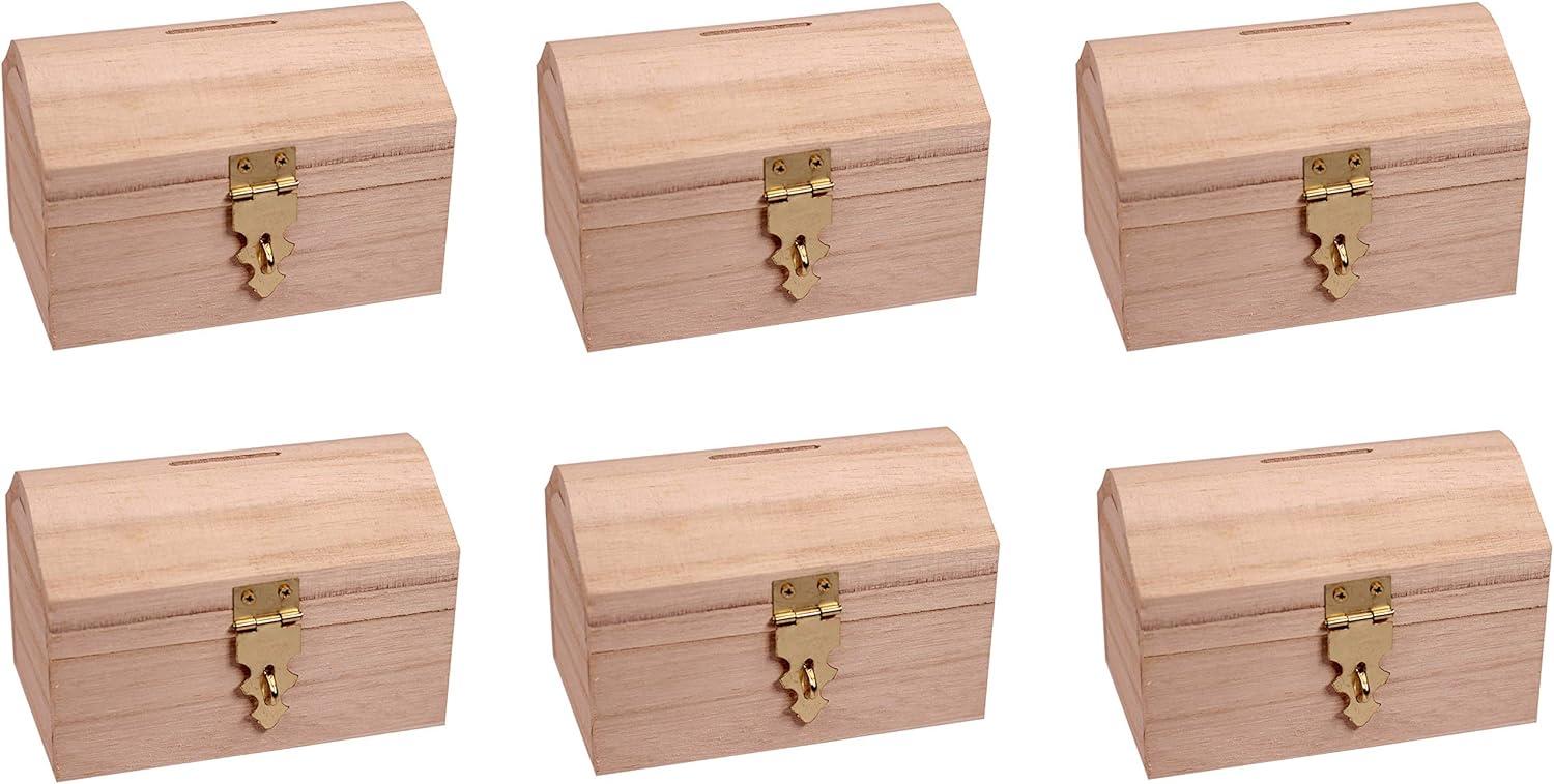 Pack of 6 Ready to Decorate Wood Treasure Chest Box Savings Bank with Coin Slot, Hinged Lid and Lockable Front Clasp, DIY Craft