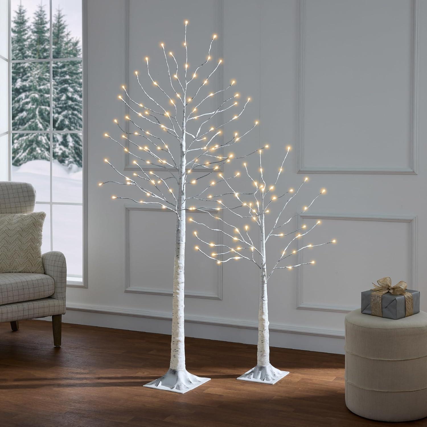 Best Choice Products Set of 3 Lighted Twig Birch Trees, 4ft, 6ft, 8ft w/ 300 LEDs, Warm White, Multicolor Lights - White
