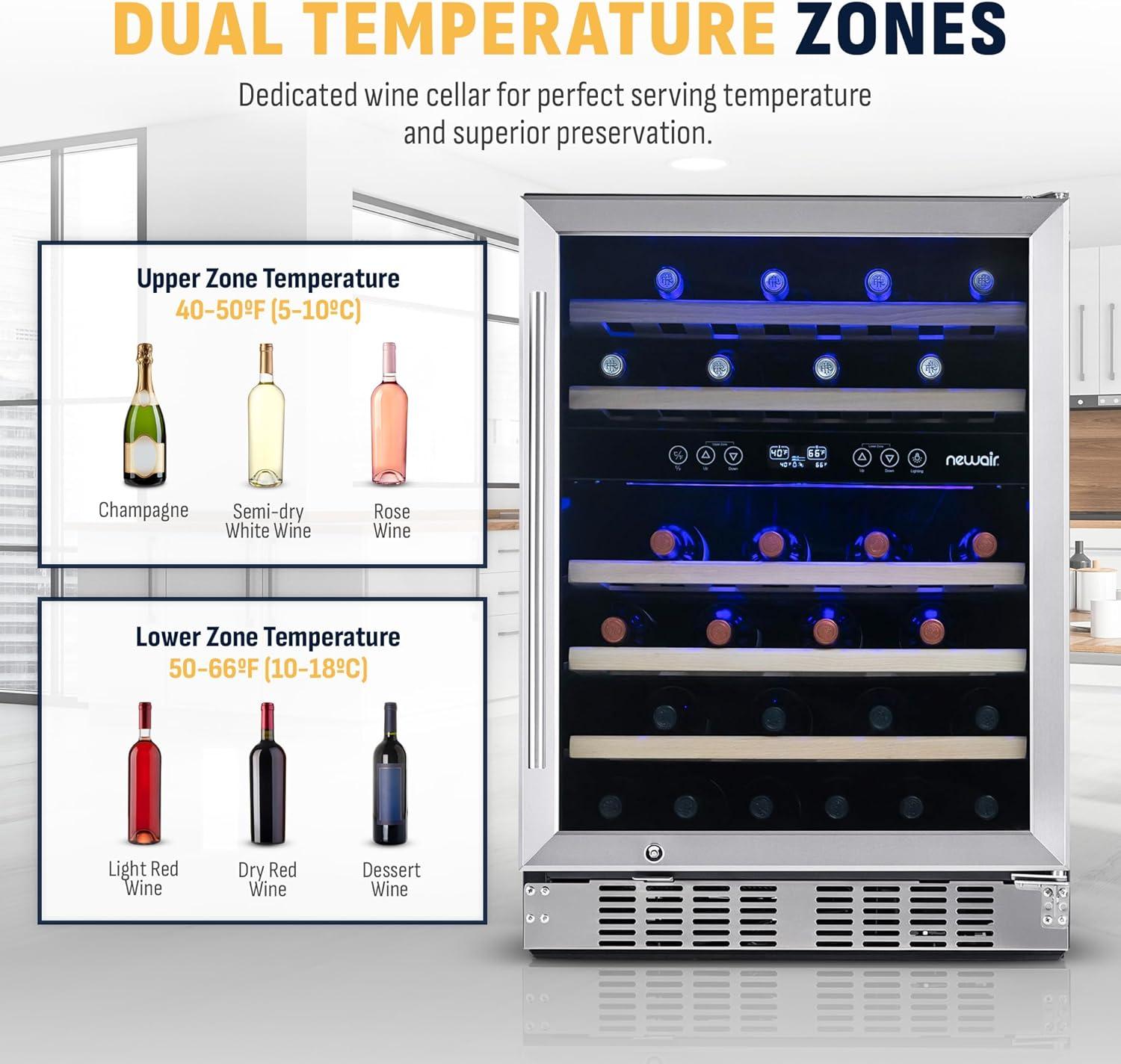 Newair 46 Bottle Dual Zone Built-in Wine Refrigerator with Beechwood Shelves and Recessed Kickplate