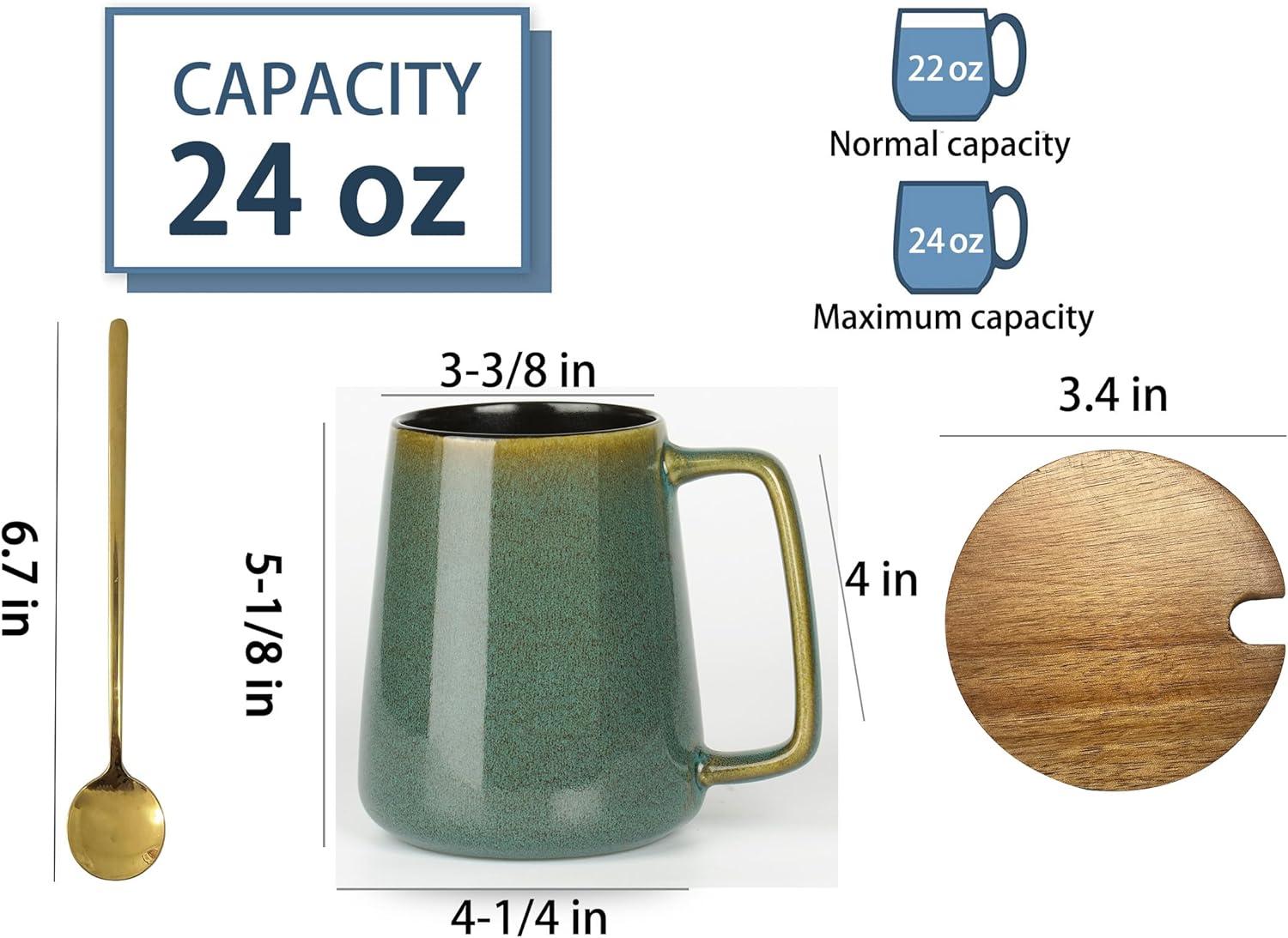 24 oz Green Ceramic Coffee Mug with Wooden Lid and Spoon