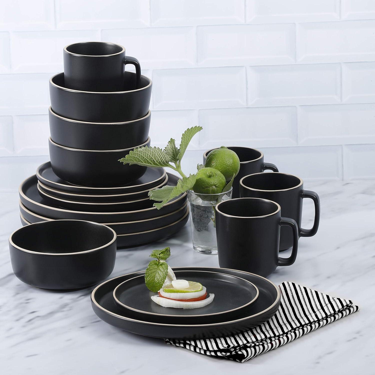 Zuma Matte Black 16-Piece Modern Ceramic Dinnerware Set, Service for 4